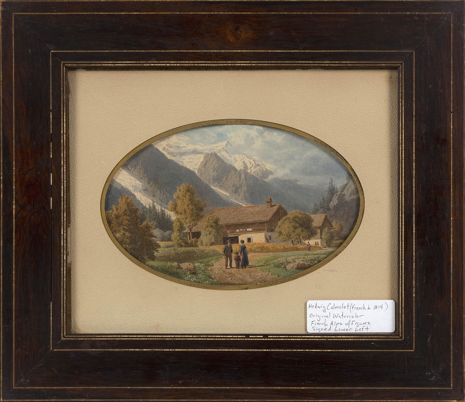HEDWIG CALMELET (France, 1814-), A chalet in the mountains., Watercolor, 4.75" x 8" sight. Framed (1 of 2)