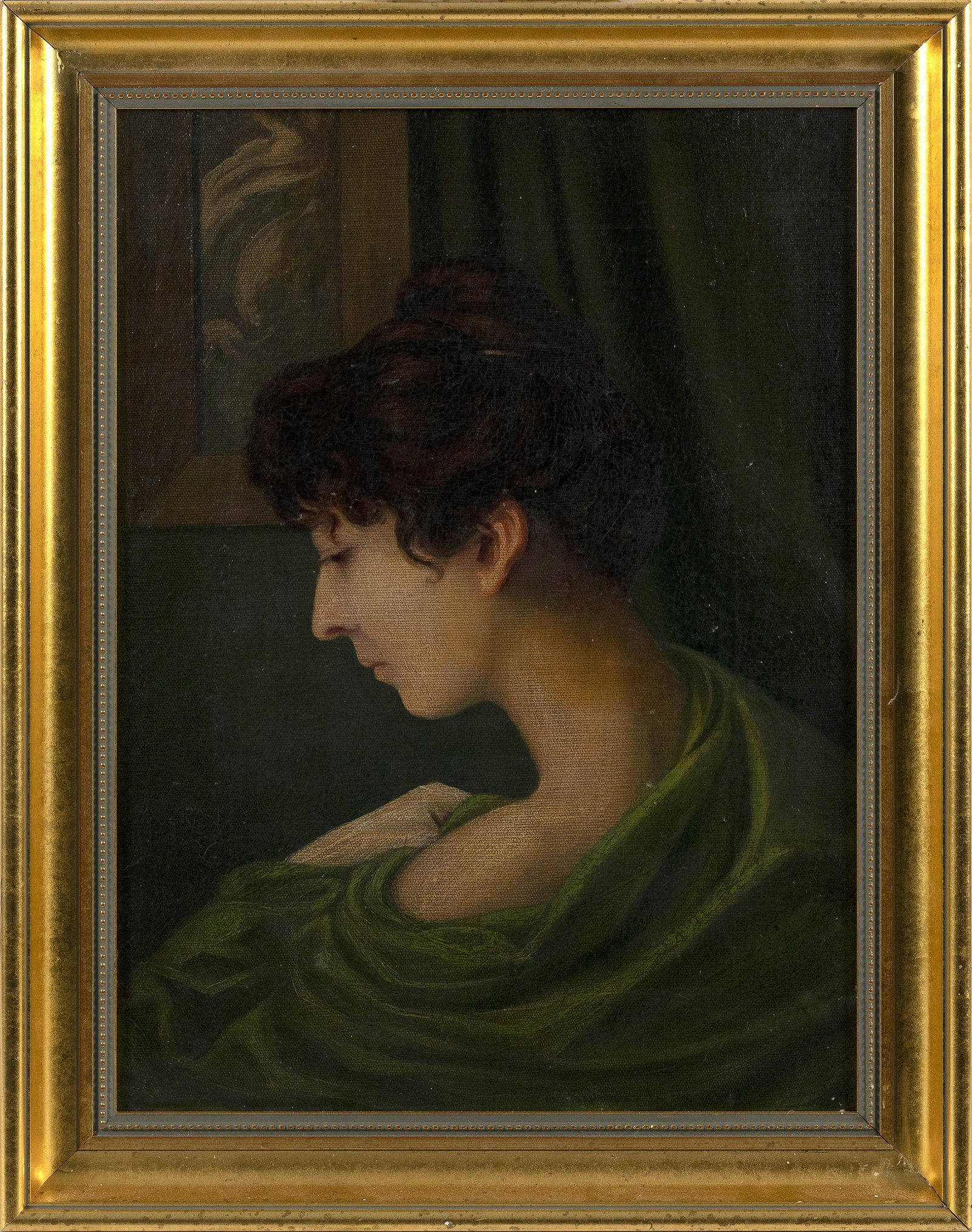 AMERICAN SCHOOL (Late 19th/Early 20th Century,), Profile portrait of a woman., Oil on canvas,: AMERICAN SCHOOL Late 19th/Early 20th Century Profile portrait of a woman. Signed illegibly lower right. Oil on canvas, 22” x 16”. Framed 26.5” x 20.5”. Dimensions: Oil on canva
