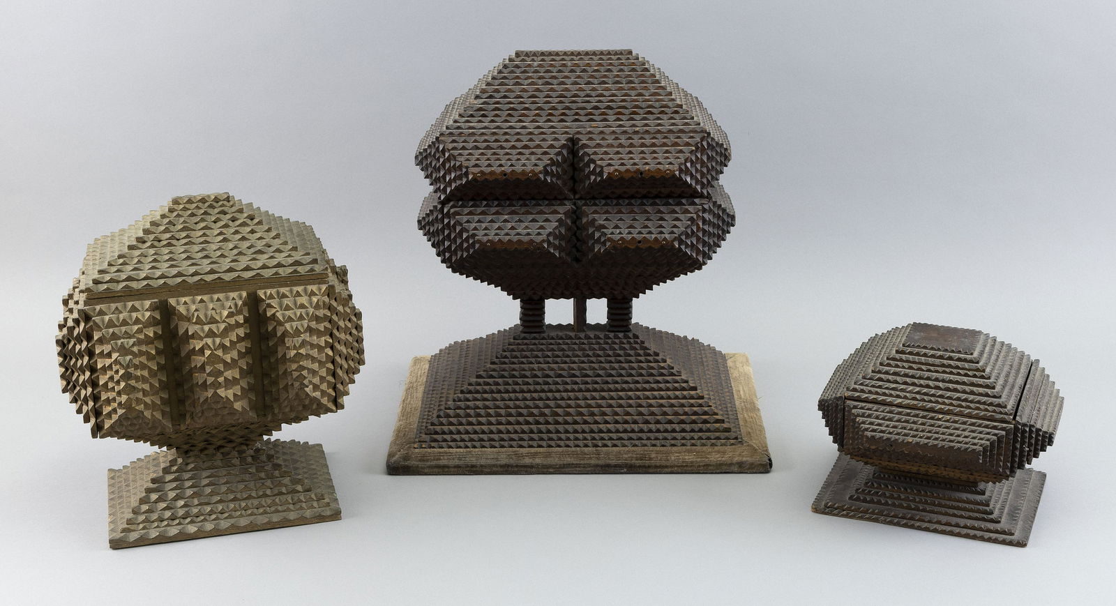 THREE WOODEN TRAMP ART BOXES Heights from 5.75” to 13.5”. (1 of 3)