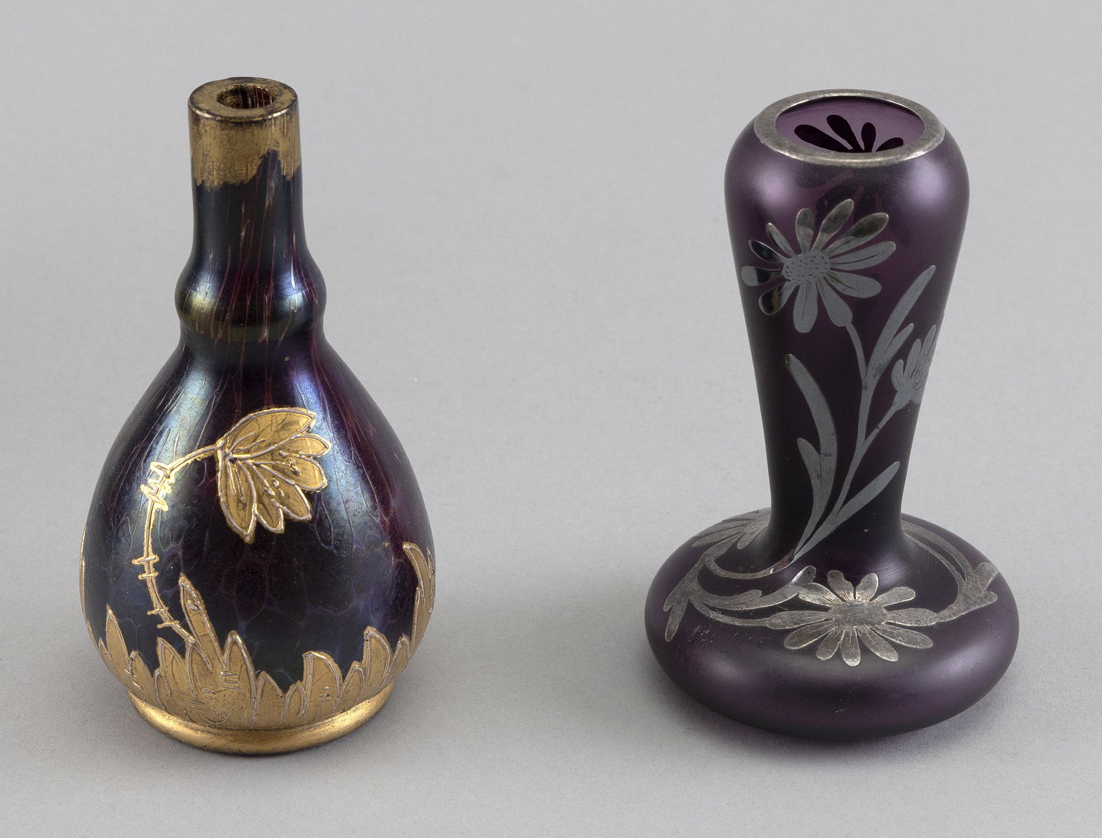 TWO ART GLASS CABINET VASES Early 20th Century Heights 4" and 4.5". (1 of 2)