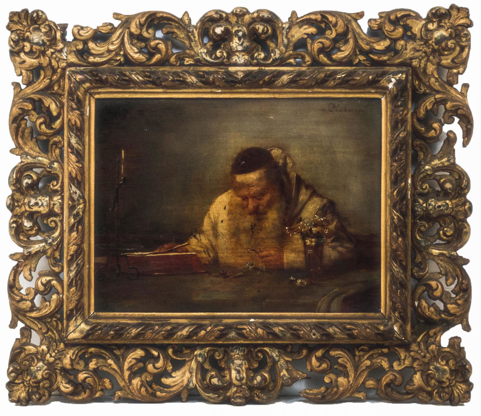 RICHARD LINDERUM (Germany, 1851-1926), "The Naturalist Monk", Oil on panel, 7.5" x 10". Framed 13" x: RICHARD LINDERUMGermany, 1851-1926"The Naturalist Monk", a seated monk examining a flower blossom. Signed upper right.Oil on panel, 7.5" x 10". Framed 13" x 15.5". Dimens