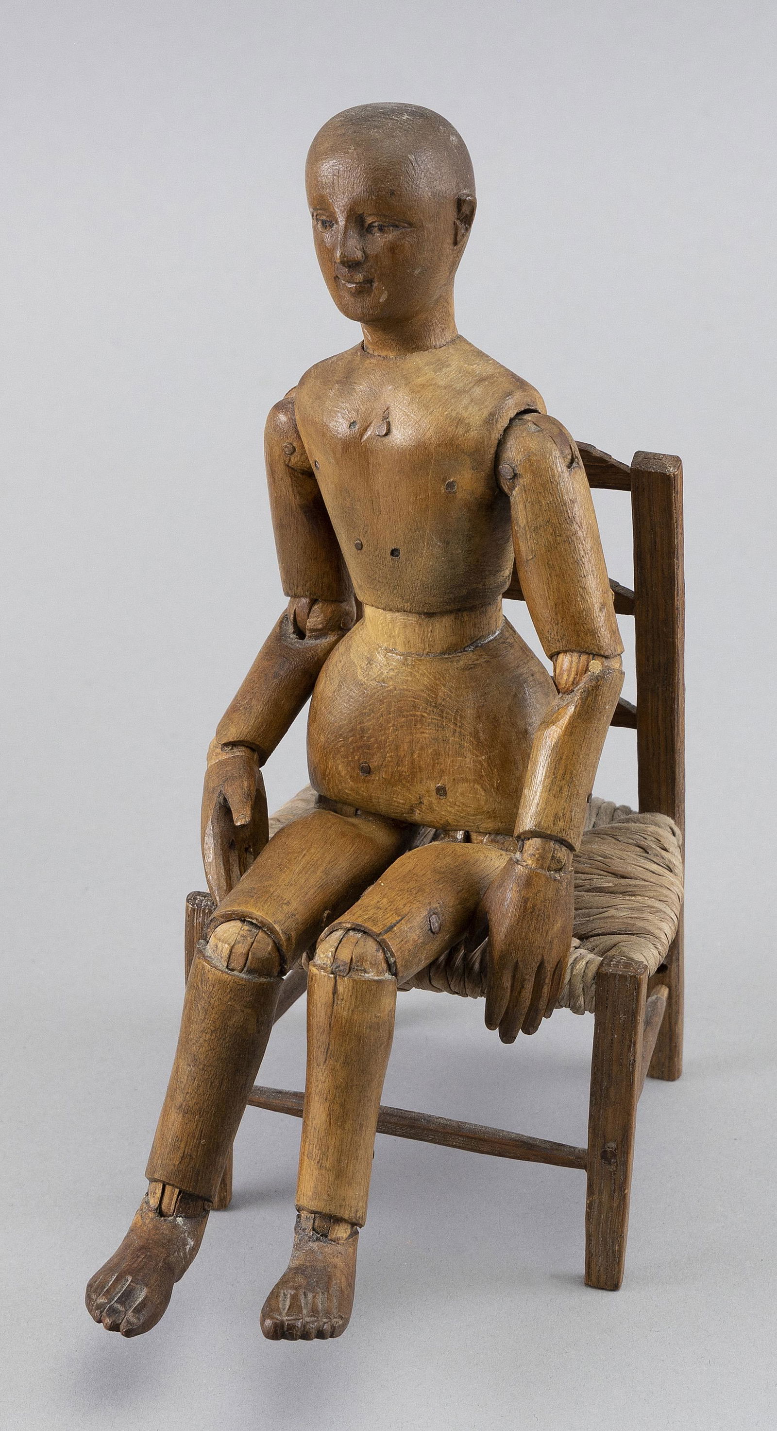 ARTIST'S WOODEN MANNEQUIN Late 19th Century Mannequin height 9”. Chair height 5". (1 of 2)