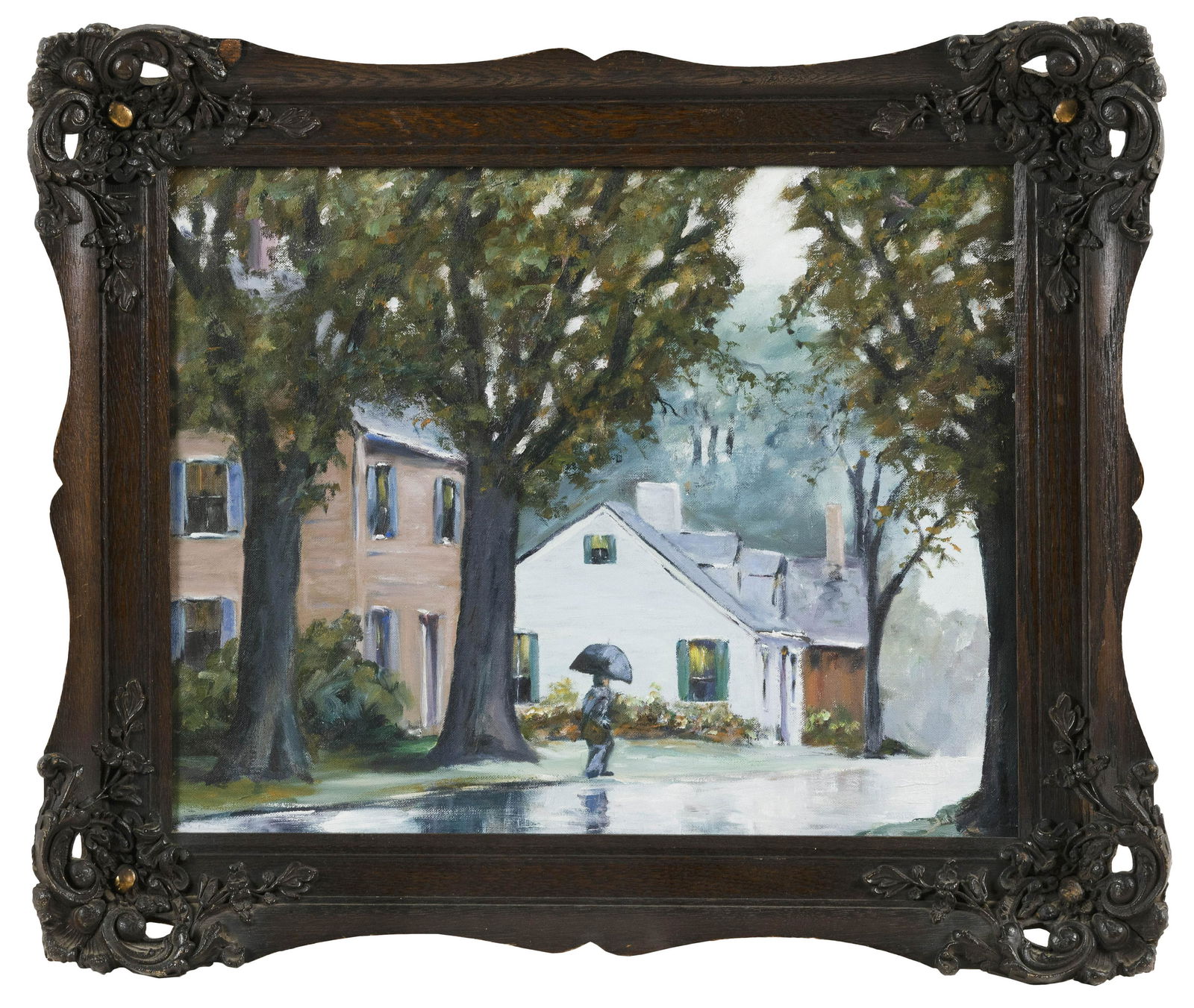 CAPE ANN SCHOOL (Late 20th Century,), Rainy day street scene., Oil on canvas board, 16" x 20". (1 of 2)