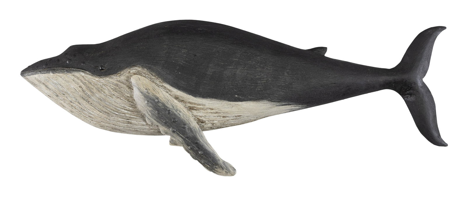 ROGER MITCHELL CARVED AND PAINTED WOODEN HUMPBACK WHALE Kingston, Massachusetts, Contemporary Length: ROGER MITCHELL CARVED AND PAINTED WOODEN HUMPBACK WHALE Kingston, Massachusetts, Contemporary Glass eye. Marked on the back “R. Mitchell”. Length 21”.