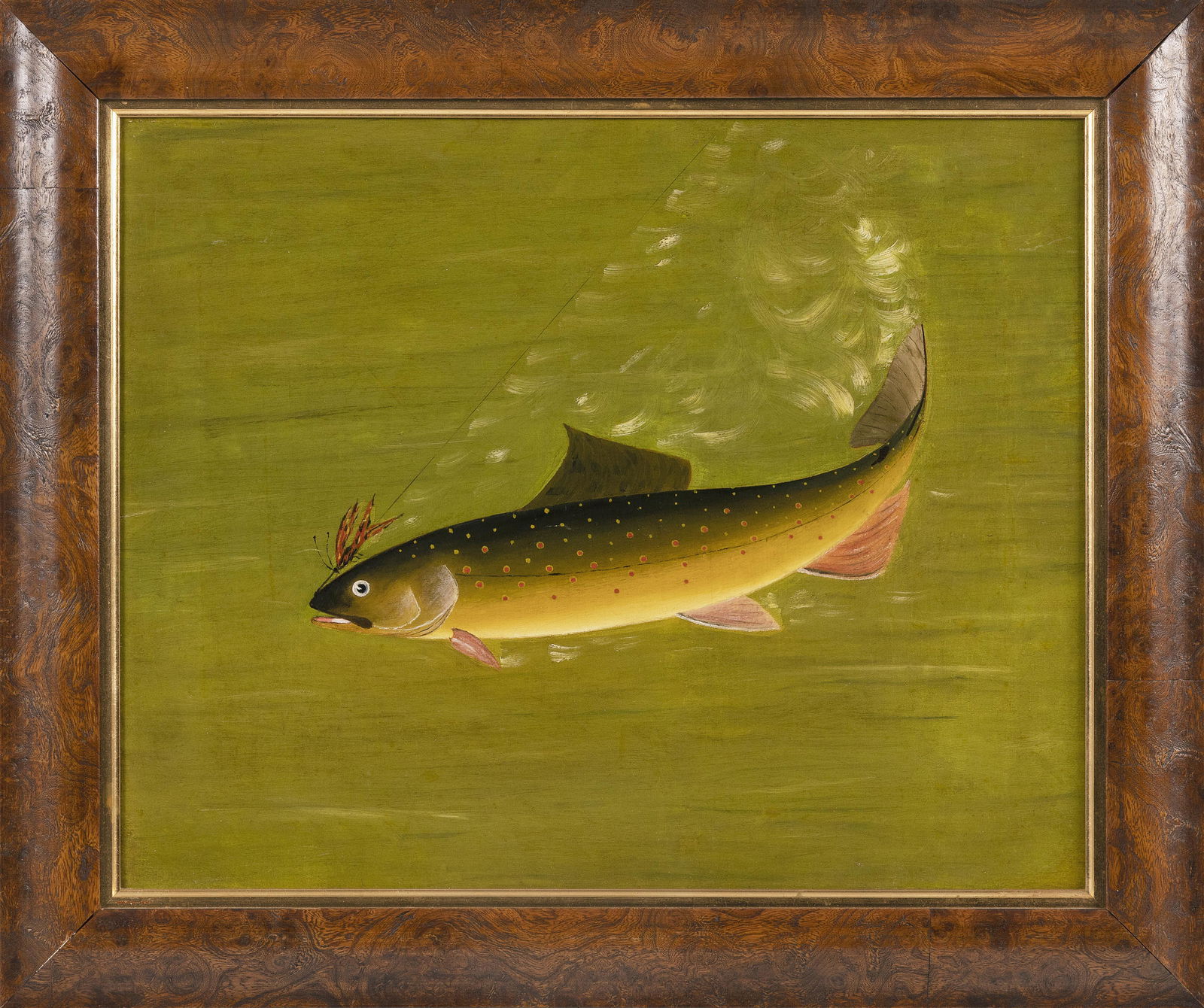 AMERICAN SCHOOL (19th Century,), A trout on the line., Oil on canvas, 17" x 21". Framed 22" x 26". (1 of 2)