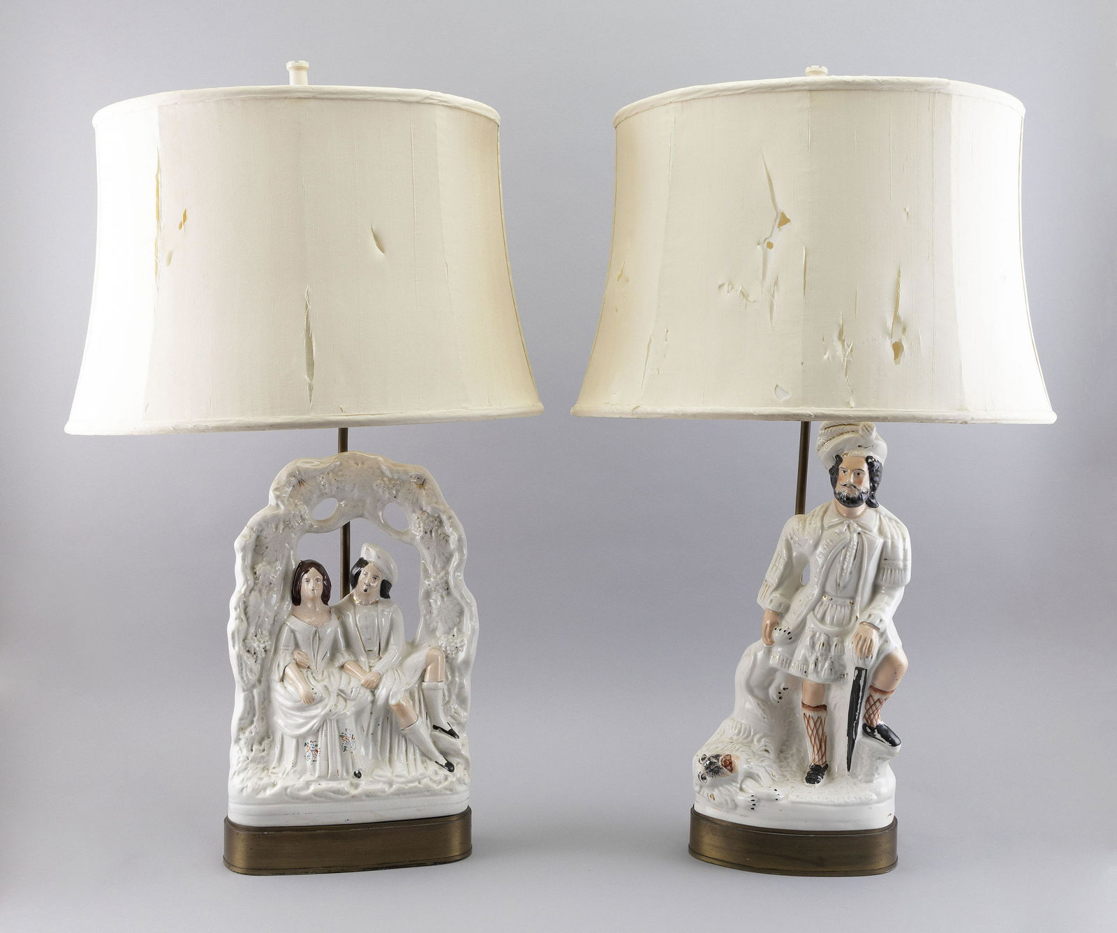 TWO STAFFORDSHIRE FIGURE GROUPS England, 20th Century Mounted as table lamps. Total heights (1 of 1)