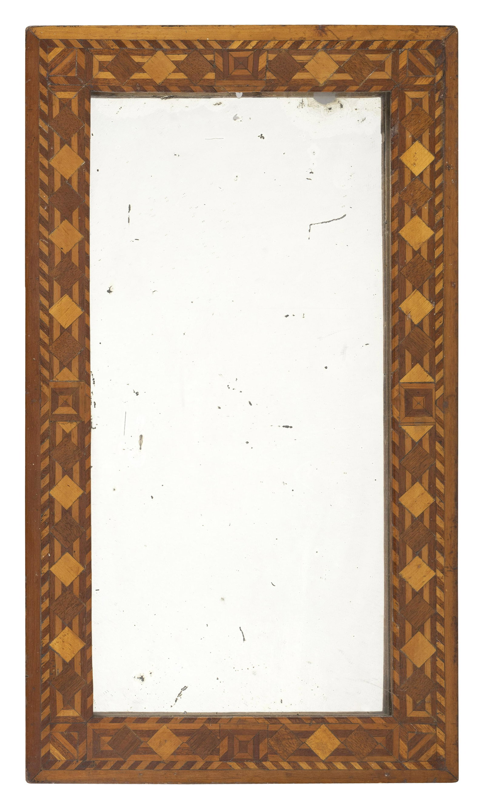 INLAID MIRROR Early 20th Century Height 28.25”. Width 16.5”.: INLAID MIRROR Early 20th Century Light and dark wood inlay in a geometric pattern. Height 28.25”. Width 16.5”.