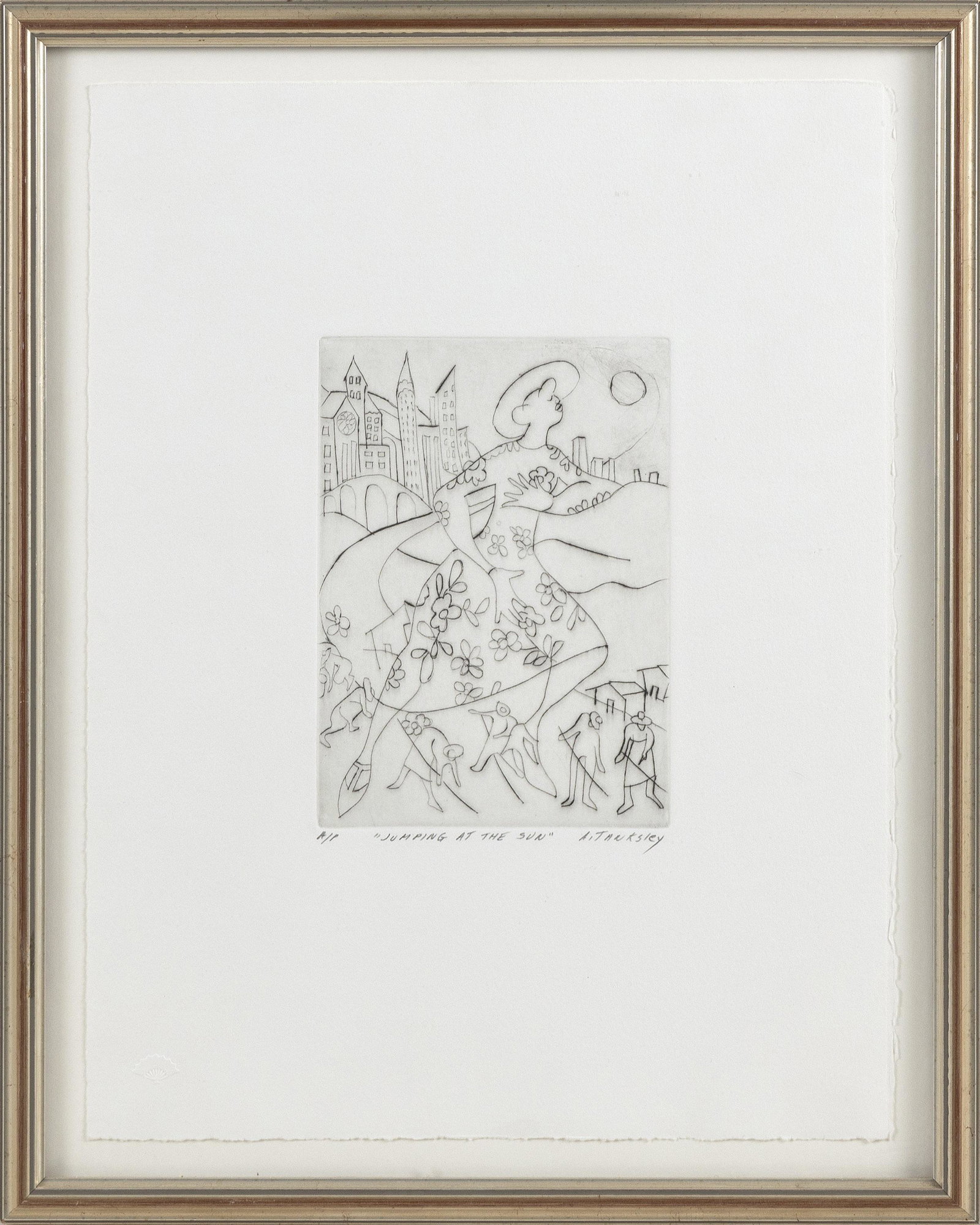 ANN GRAVES TANKSLEY (New York/Pennsylvania, b. 1934), "Jumping at the Sun". 1988., Drypoint, full: ANN GRAVES TANKSLEYNew York/Pennsylvania, b. 1934"Jumping at the Sun". 1988. Signed “A. Tanksley”, titled and inscribed “A/P” in pencil lower margin. An artist’