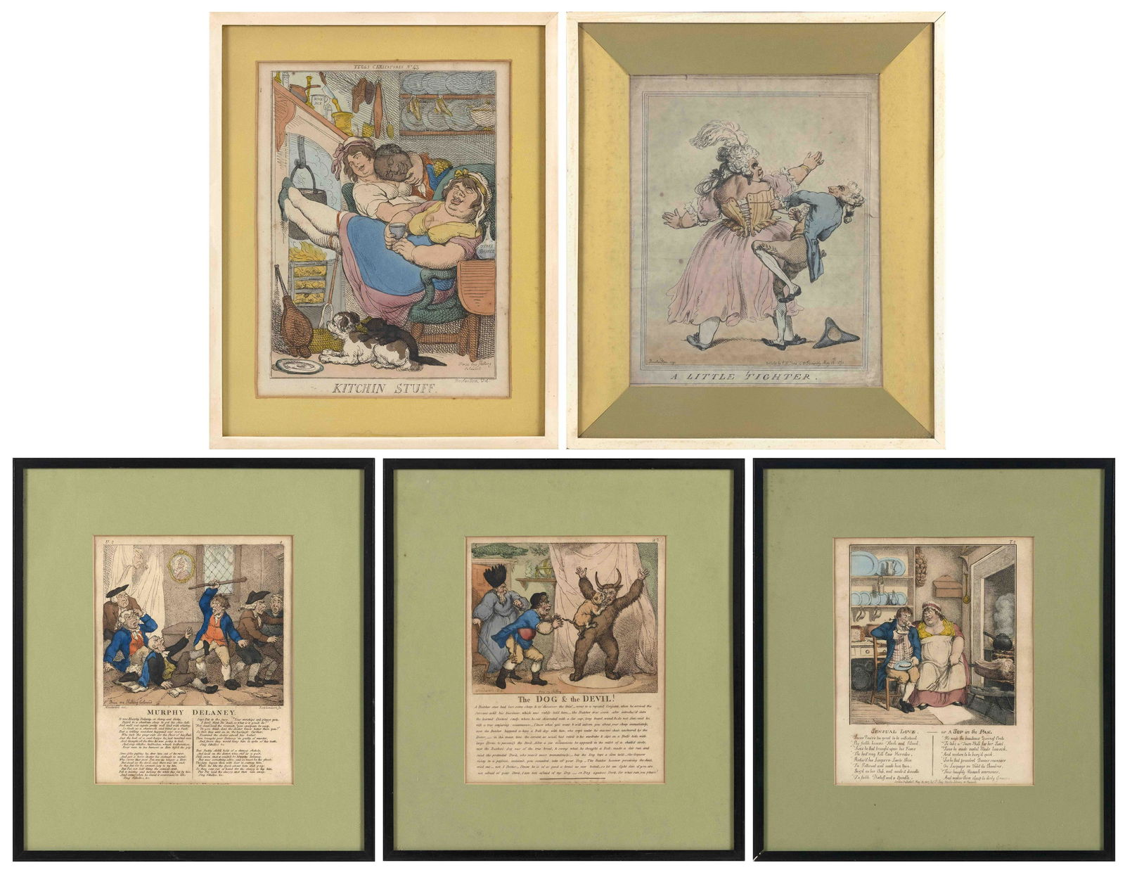 FIVE THOMAS ROWLANDSON HAND-COLORED ETCHINGS Early 19th Century Four approx. 13” x 9.75” (1 of 11)