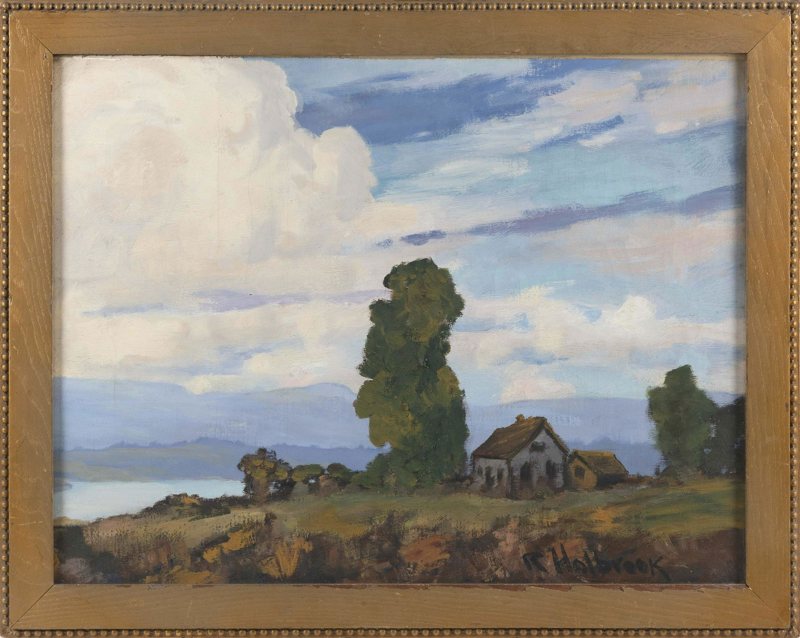 AMERICAN SCHOOL (Early 20th Century,), Landscape with house and mountains., Oil on canvas, 19" x (1 of 2)
