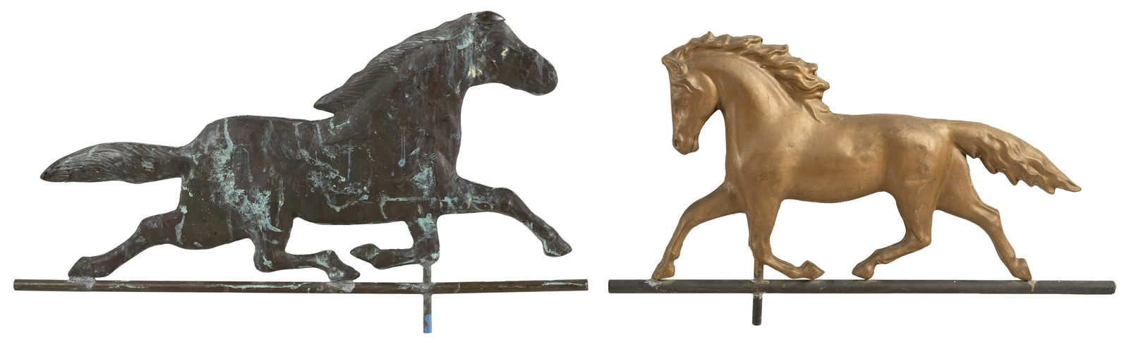 TWO COPPER RUNNING HORSE WEATHER VANES Early 20th Century and Later Heights 16" and 17". Lengths (1 of 2)