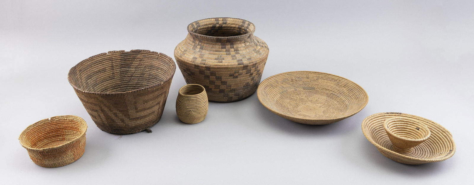 SIX WOVEN BASKETS 20th Century Heights from 3” to 8”. (1 of 5)