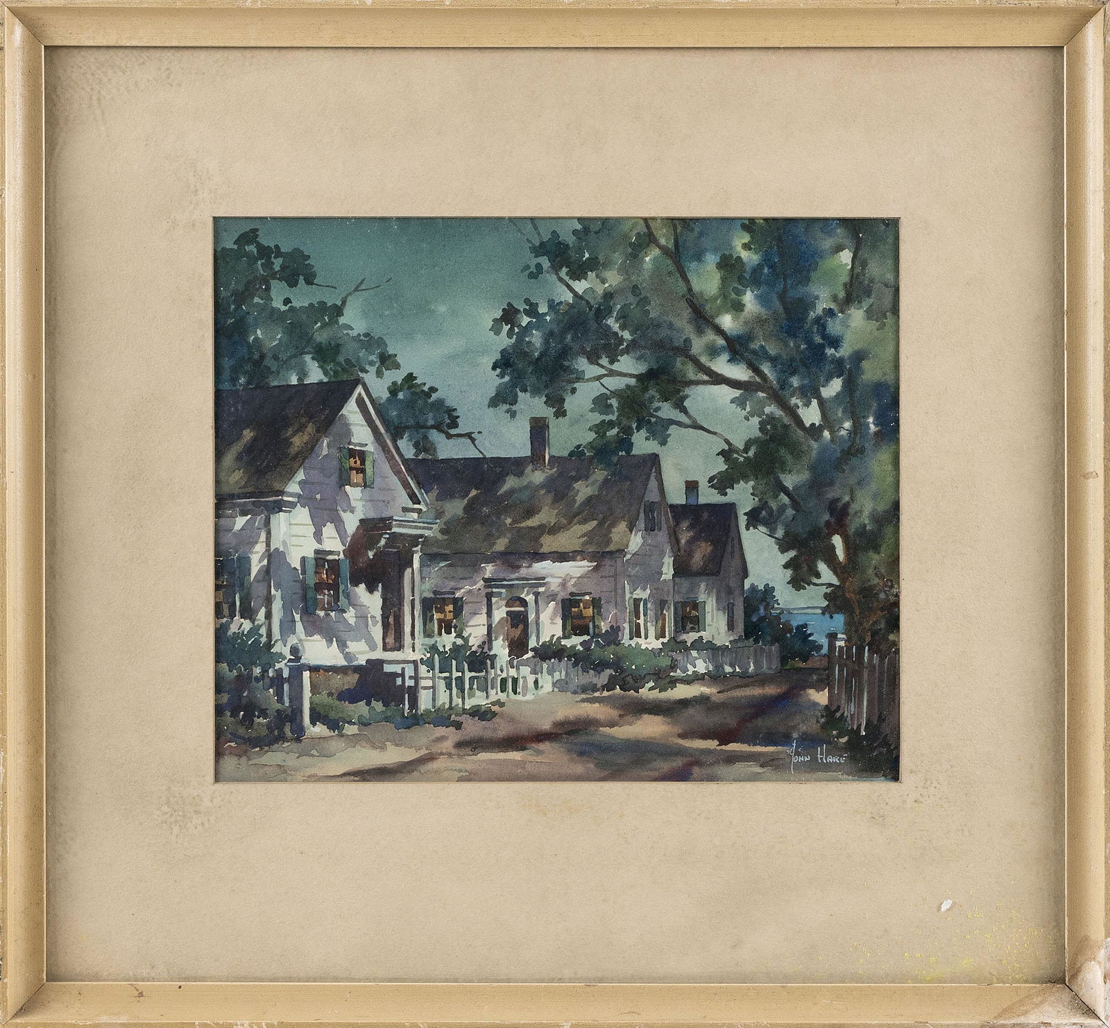 JOHN CUTHBERT HARE (Massachusetts/Florida, 1908-1978), Cape Cod cottages., Watercolor on paper,: JOHN CUTHBERT HAREMassachusetts/Florida, 1908-1978Cape Cod cottages. Signed lower right "John Hare".Watercolor on paper, 9.5” x 11.75” sight. Framed 17.25” x 19”. Dim