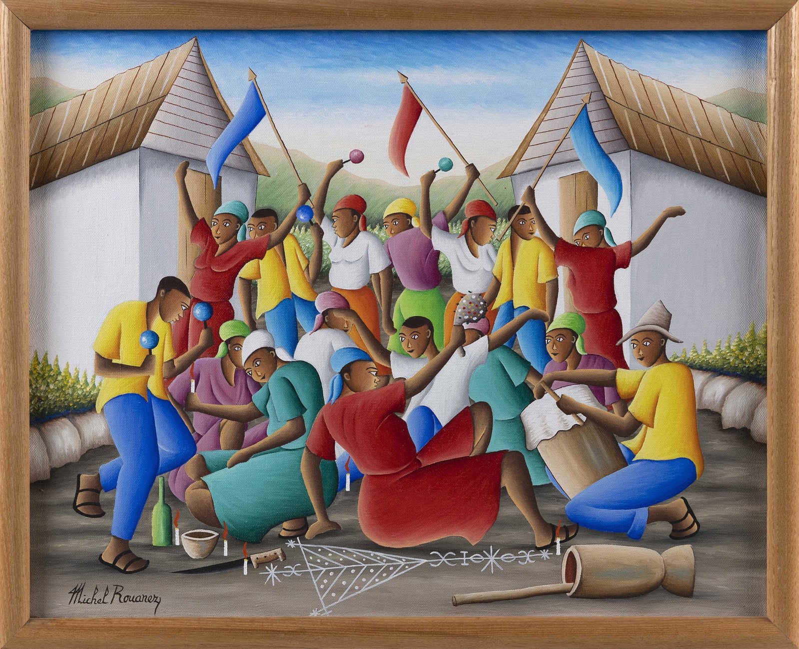 MICHEL ROUANEZ (Haiti, b. 1956), "Celebration!"., Oil on canvas, 16" x 20". Framed 17.25" x 21.25".: MICHEL ROUANEZ Haiti, b. 1956 "Celebration!". Signed lower left "Michel Rouanez". Oil on canvas, 16" x 20". Framed 17.25" x 21.25". Provenance: Savannah Gallery