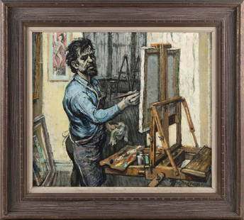 PHILIP REISMAN (New York, 1904-1992), Saul Lishinsky in his studio., Oil on masonite, 22.5" x 26".: PHILIP REISMAN New York, 1904-1992 Saul Lishinsky in his studio. Signed lower right "Philip Reisman". Subject identified verso. Oil on masonite, 22.5" x 26". Framed 31" x