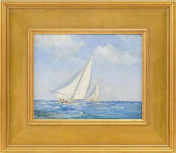 JOHN PRENTISS BENSON (Maine/Massachusetts, 1865-1947), Yachting scene., Oil on board, 8" x 10".: JOHN PRENTISS BENSON Maine/Massachusetts, 1865-1947 Yachting scene. Signed lower left "John P. Benson". Oil on board, 8" x 10". Framed 13.5" x 15.5". Dimensions: Oil on board, 8" x 10". Framed 13.5"