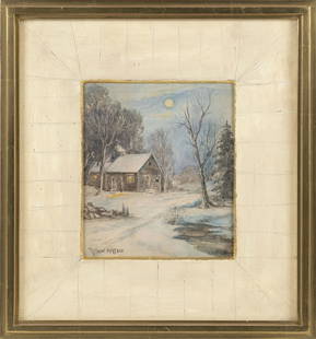 ARTHUR MELTZER (Pennsylvania/Minnesota, 1893-1989), Snowy moonlit landscape with cabin., Watercolor: ARTHUR MELTZER Pennsylvania/Minnesota, 1893-1989 Snowy moonlit landscape with cabin. Signed lower left "Arthur Meltzer". Watercolor on paper, 7.5" x 6.25". Framed 15" x