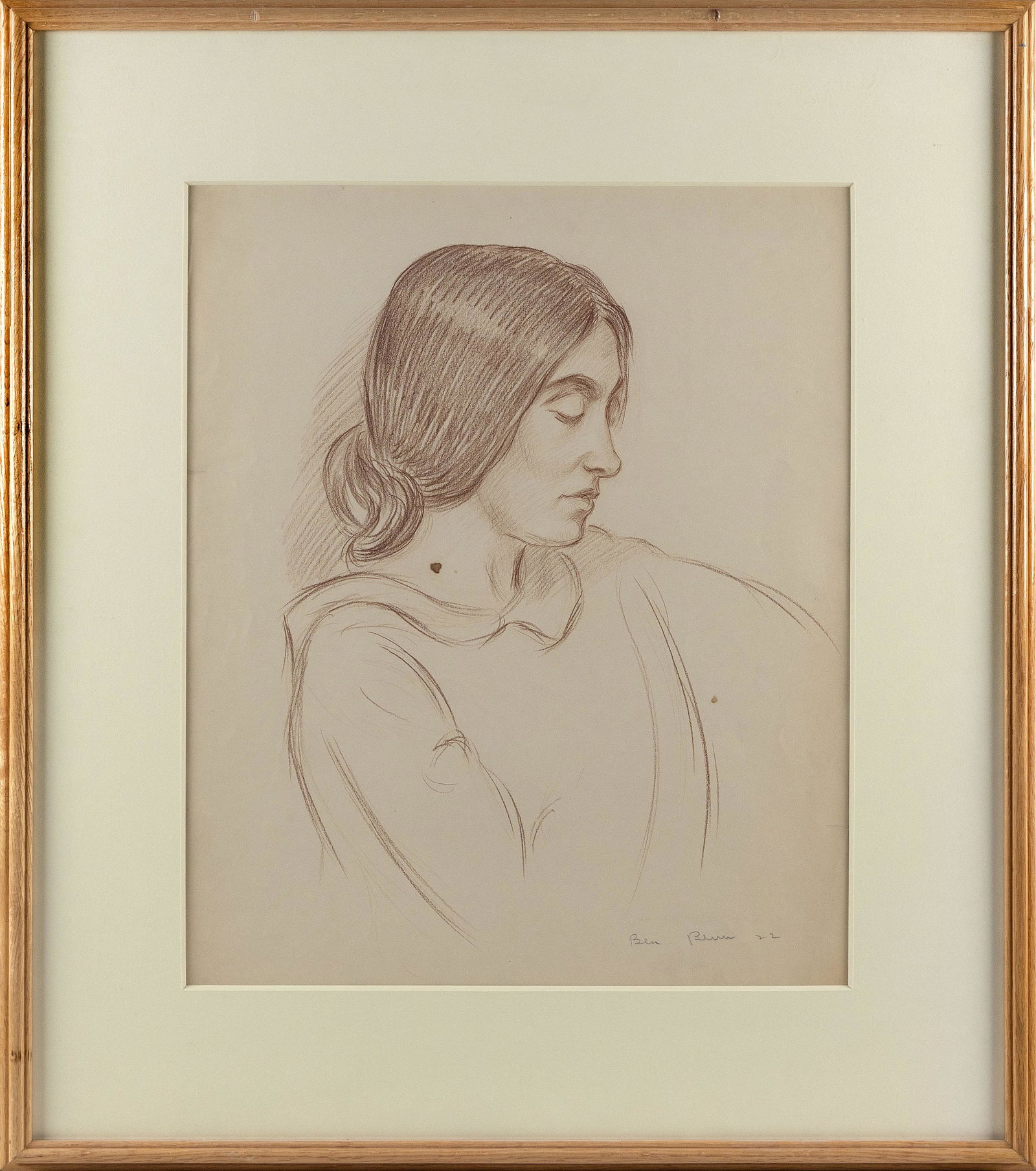 BEN BENN (New York/Connecticut/Russia, 1884-1983), Portrait of a woman facing right., Sepia chalk on: BEN BENNNew York/Connecticut/Russia, 1884-1983Portrait of a woman facing right. Signed lower right "Ben Benn".Sepia chalk on paper, 23" x 19" sight. Framed 33" x 29". Dim