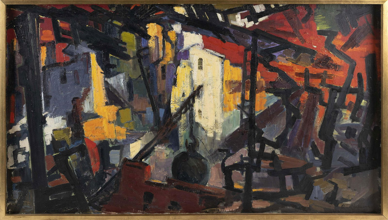 ARNOLD HOFFMANN (New York/New Jersey, 1886-1966), Industrial scene., Oil on canvas, 28" x 50".: ARNOLD HOFFMANNNew York/New Jersey, 1886-1966Industrial scene. Signed lower right "Arnold Hoffmann".Oil on canvas, 28" x 50". Framed 29.5" x 51". Dimensions: Oil on canva