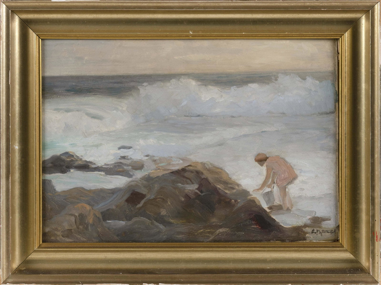 AMERICAN SCHOOL (Early 20th Century,), Figure on a rocky coast., Oil on board, 14" x 20". Framed 18": AMERICAN SCHOOL Early 20th Century Figure on a rocky coast. Signed illegibly lower right. Oil on board, 14" x 20". Framed 18" x 24". Dimensions: Oil on board, 14" x 20". 