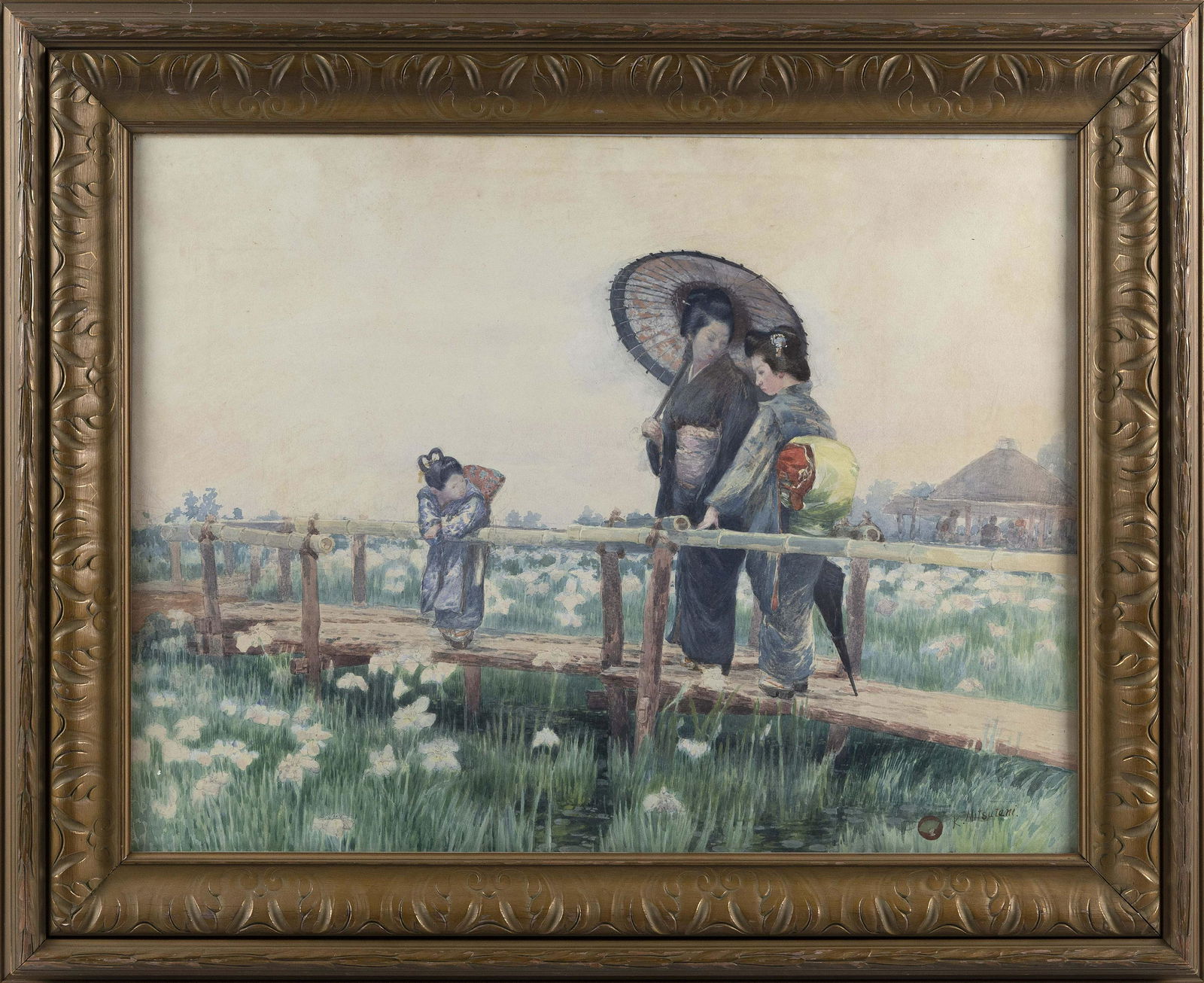 KUNISHIRO MITSUTANI (Japan, 1874-1936), Women with parasols on a bridge., Watercolor on paper, 20" x (1 of 2)