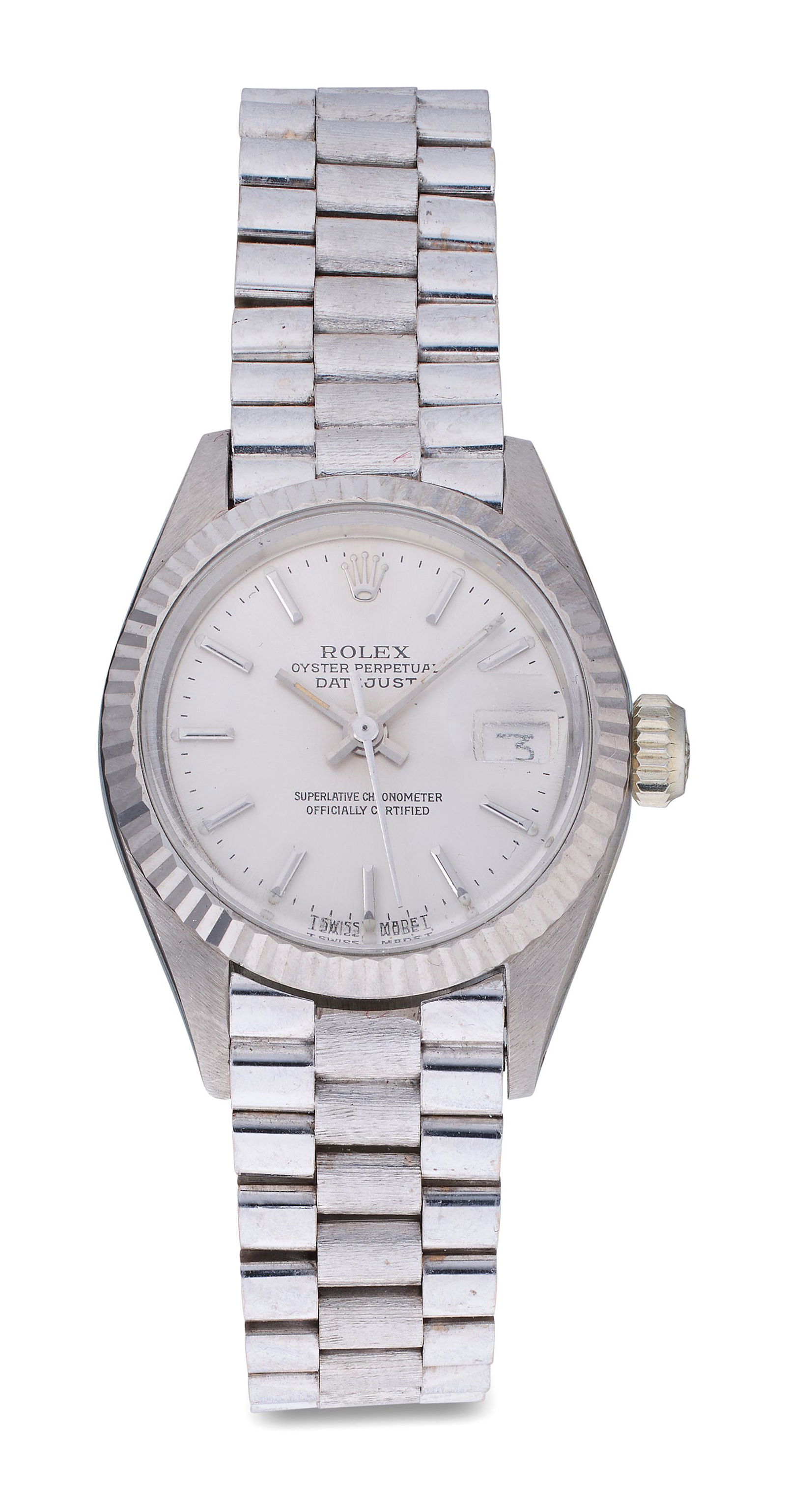 ROLEX LADIES PRESIDENT 18KT WHITE GOLD WATCH 1973 Approx. 44.59 total dwt.: ROLEX LADY'S PRESIDENT 18KT WHITE GOLD WATCH 1973 Approx. 44.59 total dwt. (No Reserve*) 1973Model #6917. Serial #3466032. Round 26mm case. Barked bracelet with hidden clasp. Band engraved 18kt, case