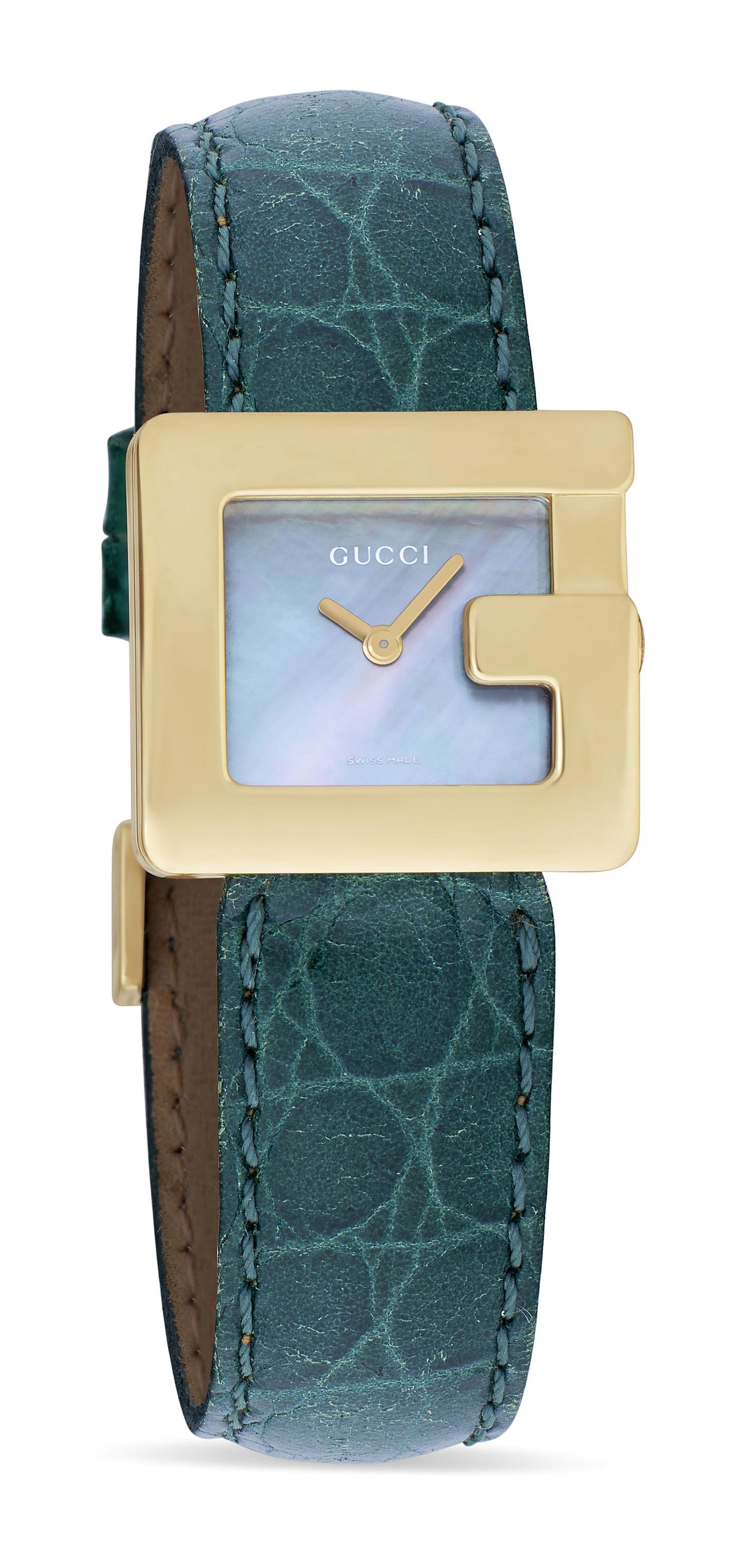 VINTAGE GUCCI 18KT YELLOW GOLD WATCH Approx. 23.92 total dwt.: VINTAGE GUCCI 18KT YELLOW GOLD WATCH Approx. 23.92 total dwt. (No Reserve*) Square 23mm "G" case. Mother-of-pearl dial. Stamped Gucci 3600L, Swiss-made, water-resistant, 18K, 750.Approx. 23.92 total d