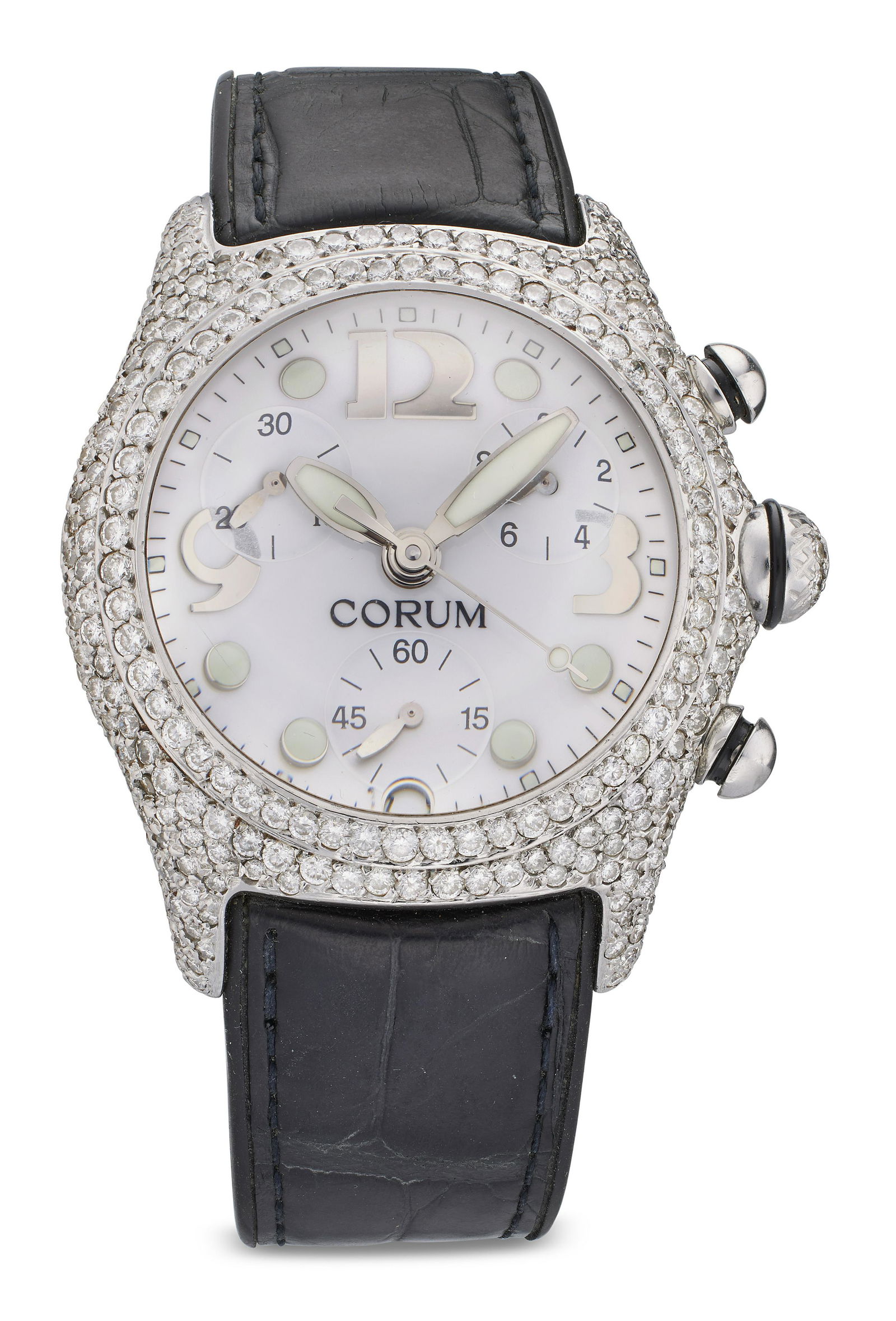 CORUM BUBBLE STAINLESS STEEL CHRONOGRAPH WITH DIAMOND BEZEL: CORUM BUBBLE STAINLESS STEEL CHRONOGRAPH WITH DIAMOND BEZEL (No Reserve*) Quartz movement. Diamonds approx. 7.50 carats total weight. Marked 396.150.20, 644549, Corum Boutique, Stainless Steel. Leathe