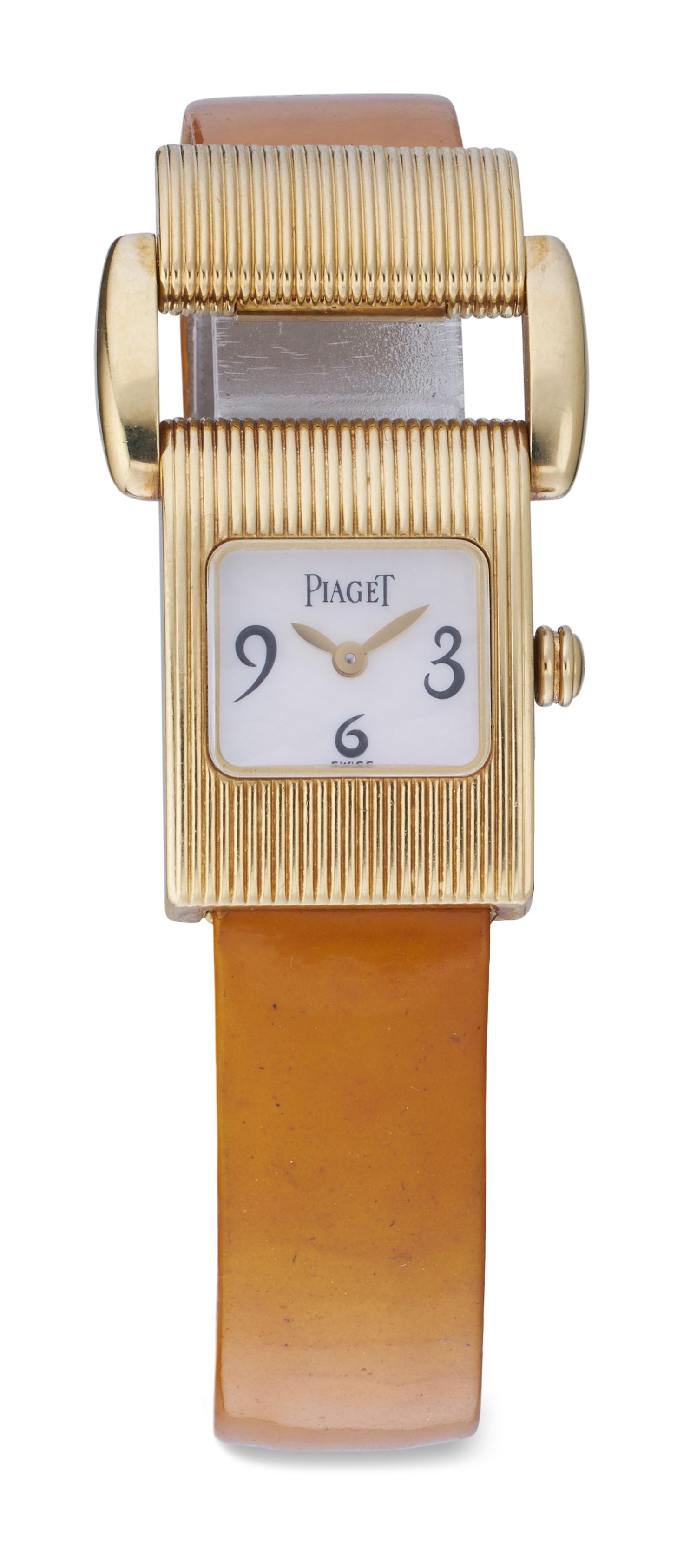 PIAGET PROTOCOL 18KT YELLOW GOLD WATCH Approx. 22.64 total dwt.: PIAGET PROTOCOL 18KT YELLOW GOLD WATCH Approx. 22.64 total dwt. (No Reserve*) Style 5221. Rectangular 18.0 x 23.0mm case. Case #669375. 18kt yellow gold and leather strap band.Approx. 22.64 total dwt.