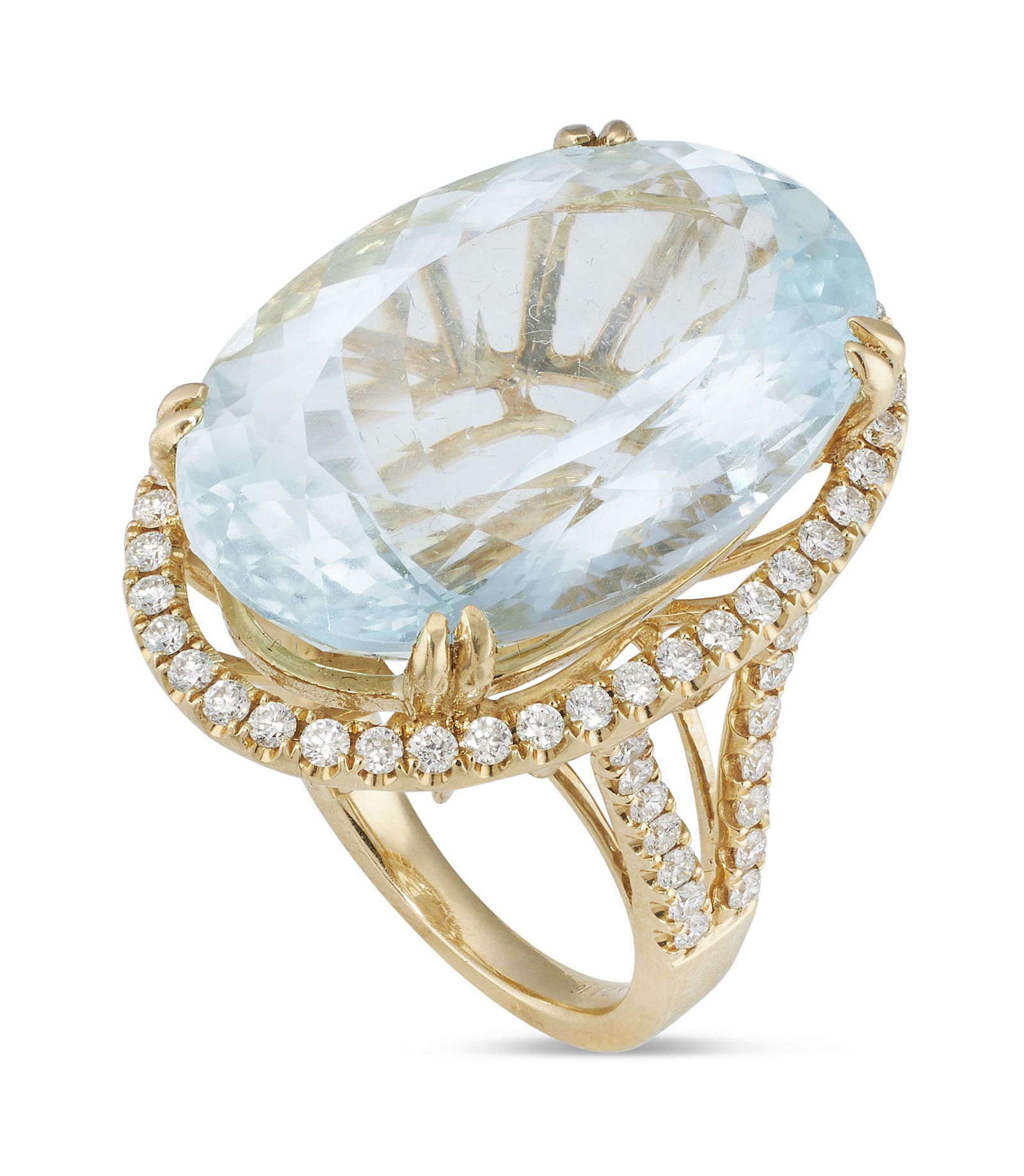 14KT YELLOW GOLD, DIAMOND AND AQUAMARINE SPLIT-SHANK RING Approx. 9.52 total dwt. (1 of 1)