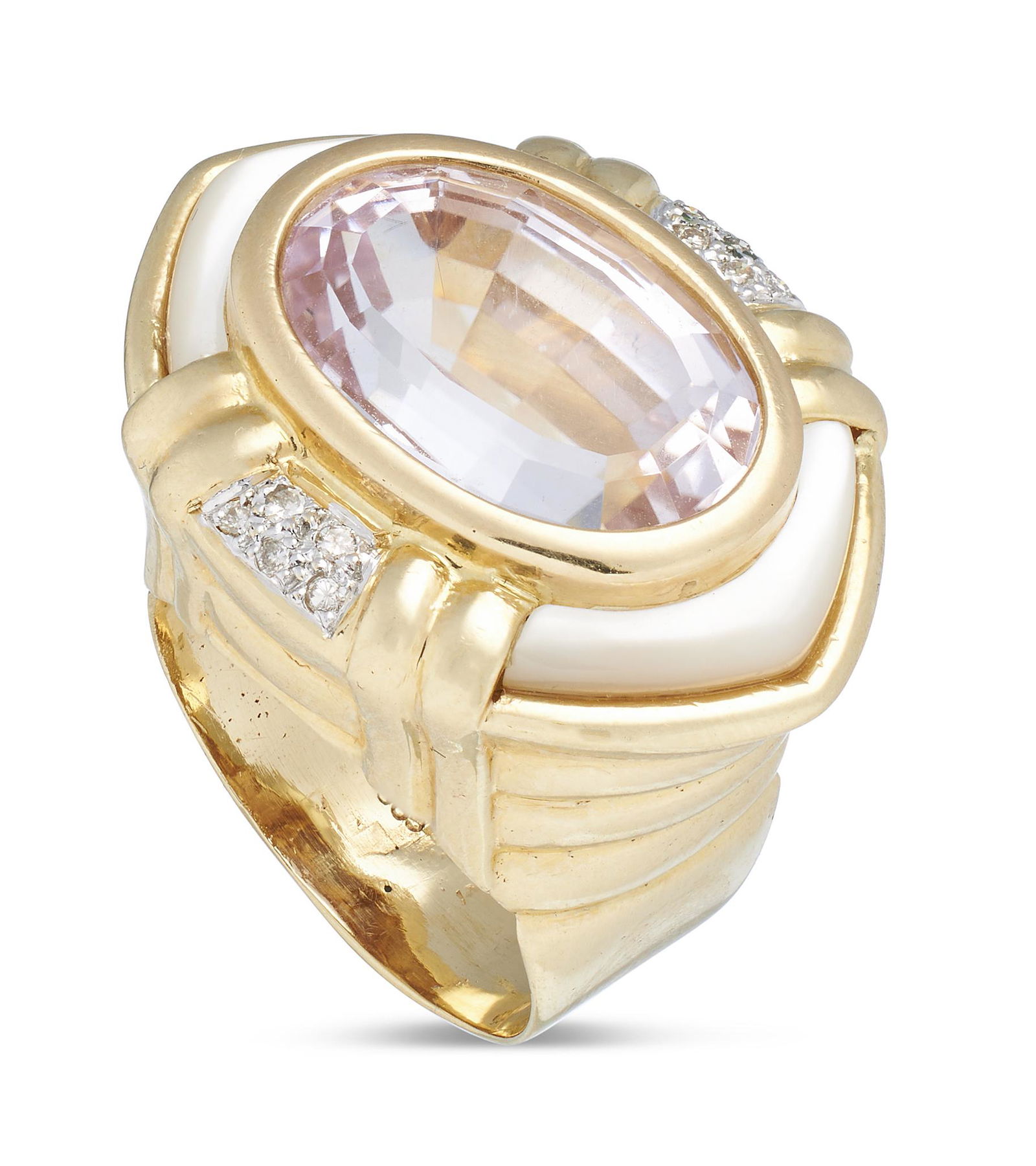 14KT YELLOW GOLD, DIAMOND, MOTHER-OF-PEARL AND KUNZITE RING Approx. 10.75 total dwt. (1 of 1)