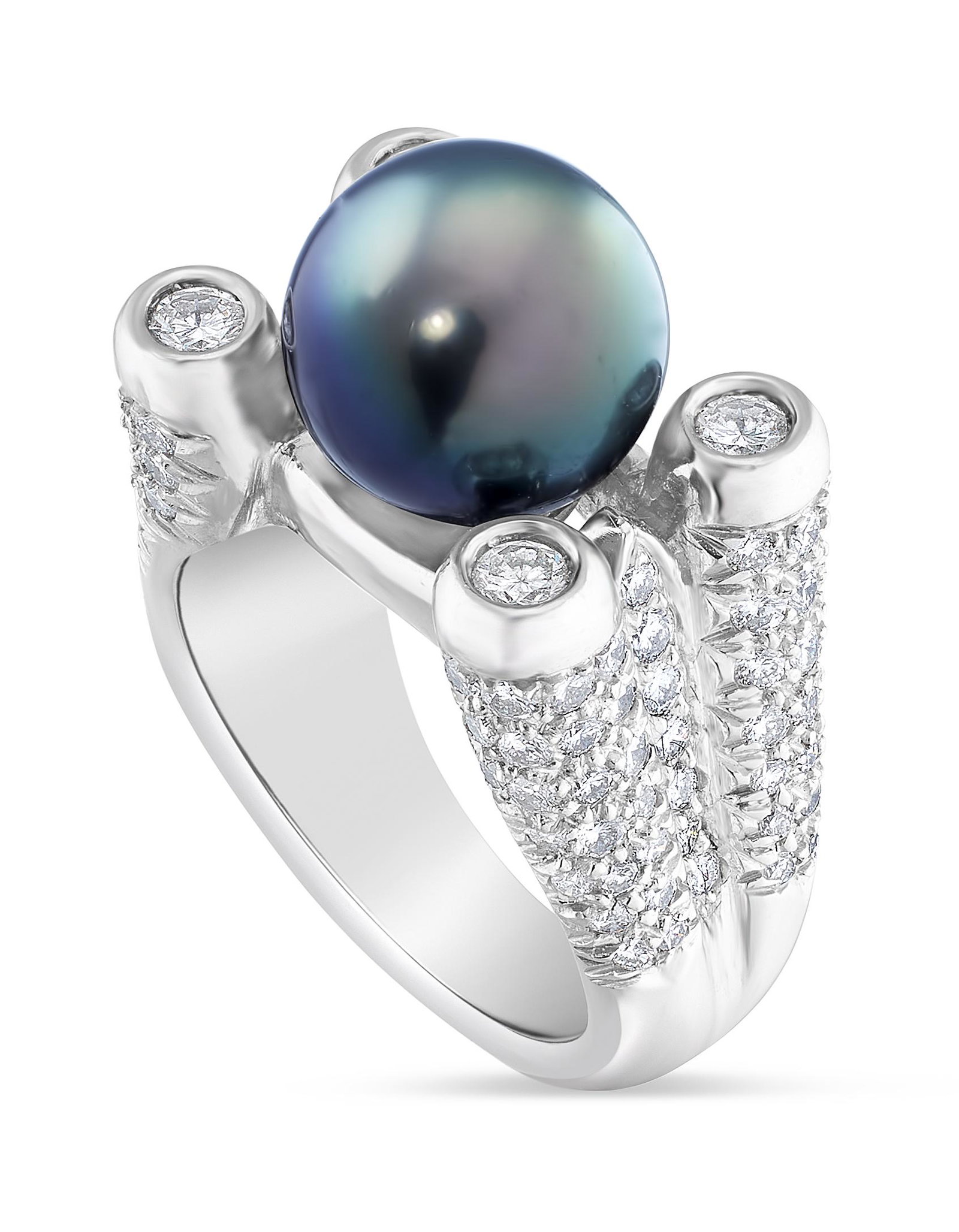 PLATINUM, DIAMOND AND TAHITIAN PEARL RING Approx. 15.05 total dwt.: PLATINUM, DIAMOND AND TAHITIAN PEARL RING Approx. 15.05 total dwt. (No Reserve*) A 10.0mm gray-green cultured pearl at center and 98 brilliant-cut diamonds, approx. 1.50 carats total diamond weight. S
