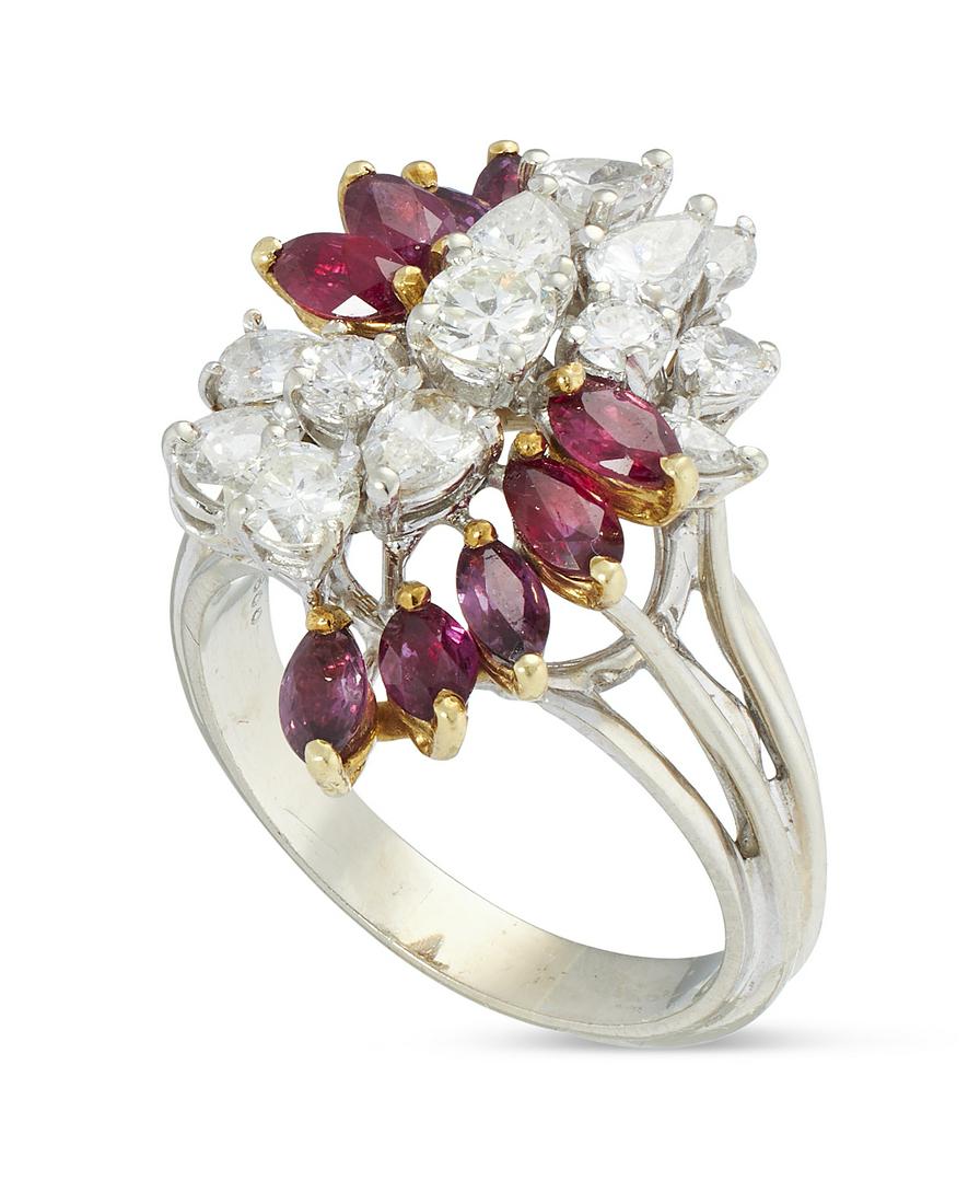 18KT WHITE AND YELLOW GOLD, DIAMOND AND RUBY CLUSTER RING Approx. 5.44 total dwt. (1 of 1)