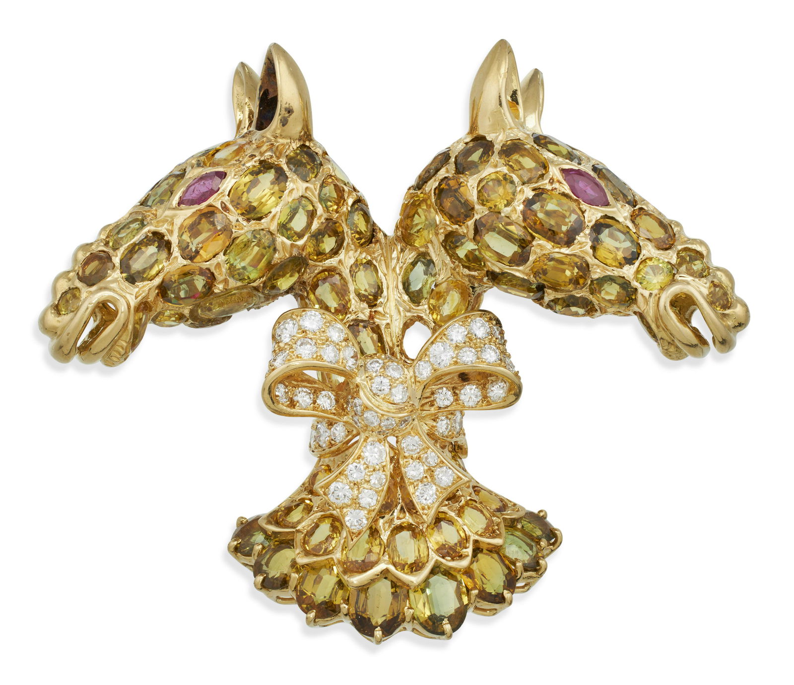 TIFFANY & CO. 18KT YELLOW GOLD, RUBY, SAPPHIRE AND DIAMOND GIRAFFE BROOCH, Approx. 31.02 total dwt. (1 of 1)