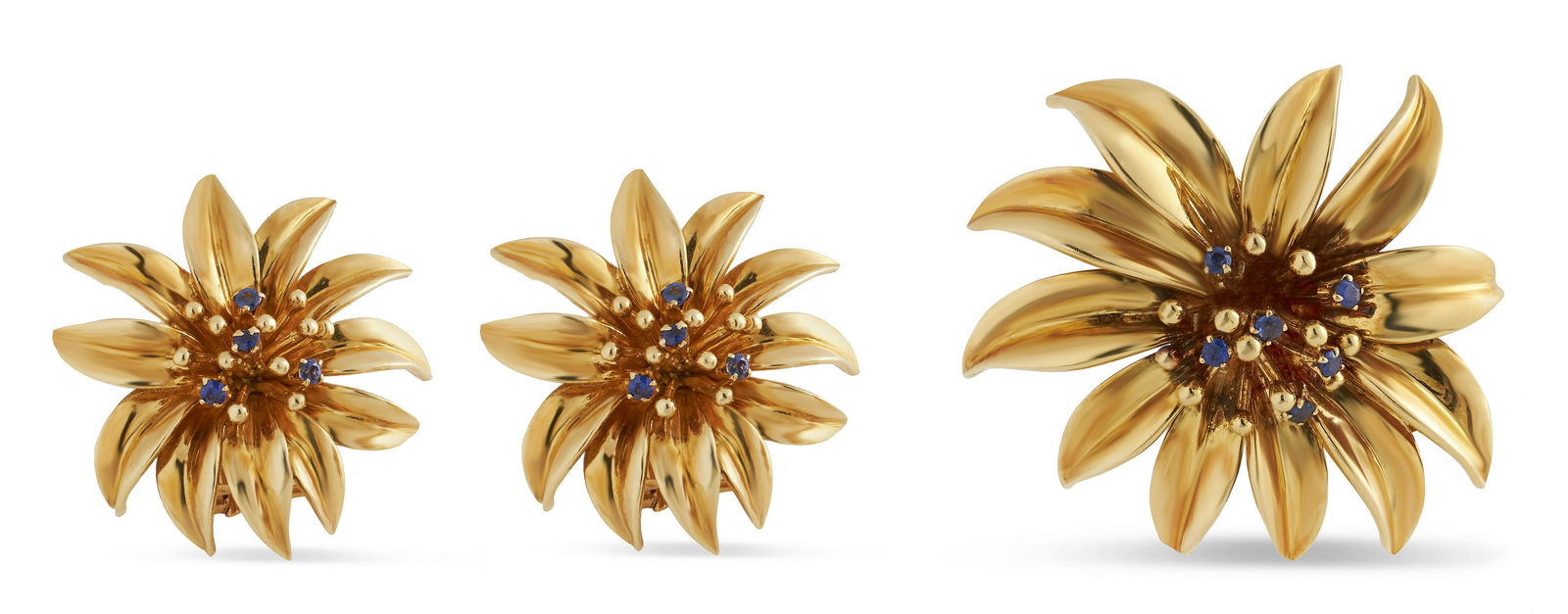 TIFFANY & CO. 18KT YELLOW GOLD AND SAPPHIRE FLORIFORM EARRING AND BROOCH SET Earrings approx. 8.93 (1 of 1)