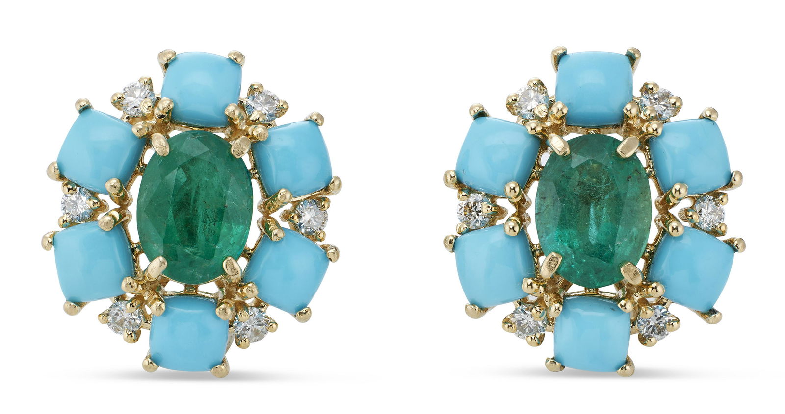 PAIR OF 14KT YELLOW GOLD, DIAMOND, EMERALD AND TURQUOISE EARRINGS Approx. 3.39 total dwt. (1 of 2)