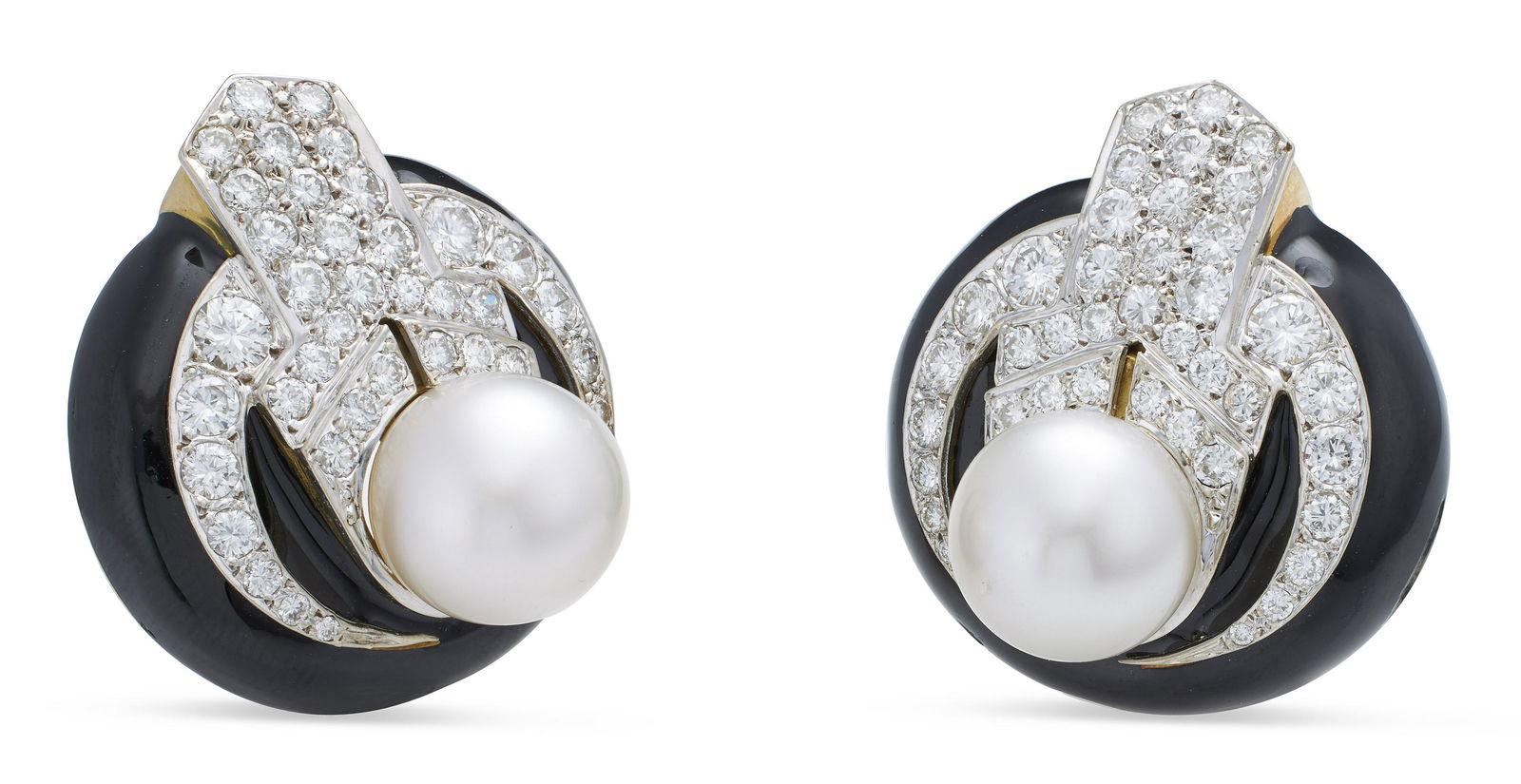 PAIR OF 14KT YELLOW AND WHITE GOLD, DIAMOND, PEARL AND ENAMEL EARRINGS Approx. 24.74 total dwt. (1 of 1)