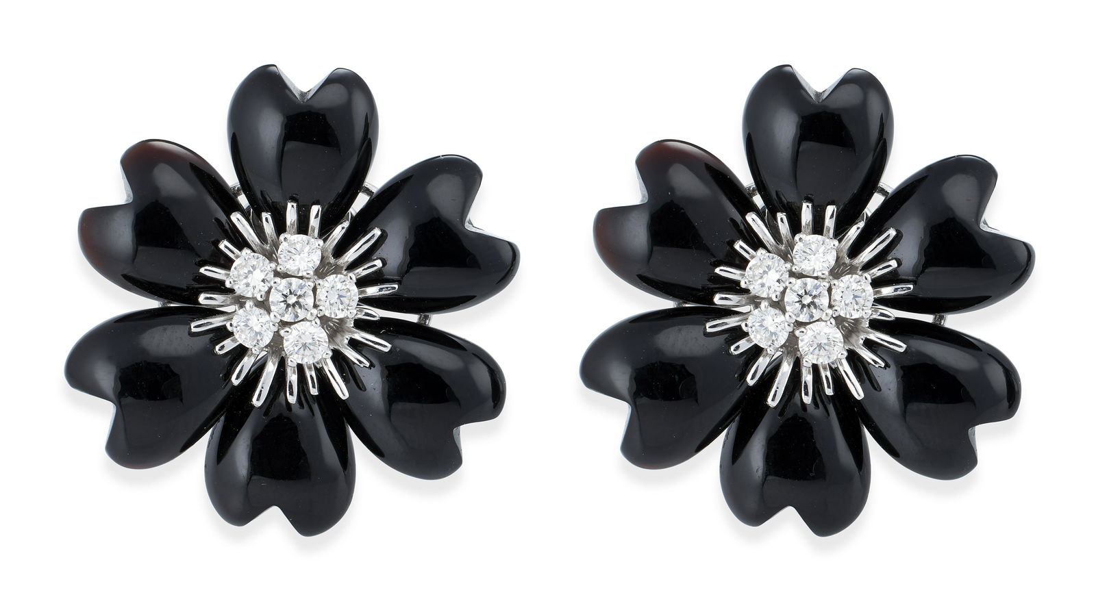 PAIR OF 18KT WHITE GOLD, DIAMOND AND ONYX FLOWER EARRINGS Approx. 11.06 total dwt. (1 of 1)