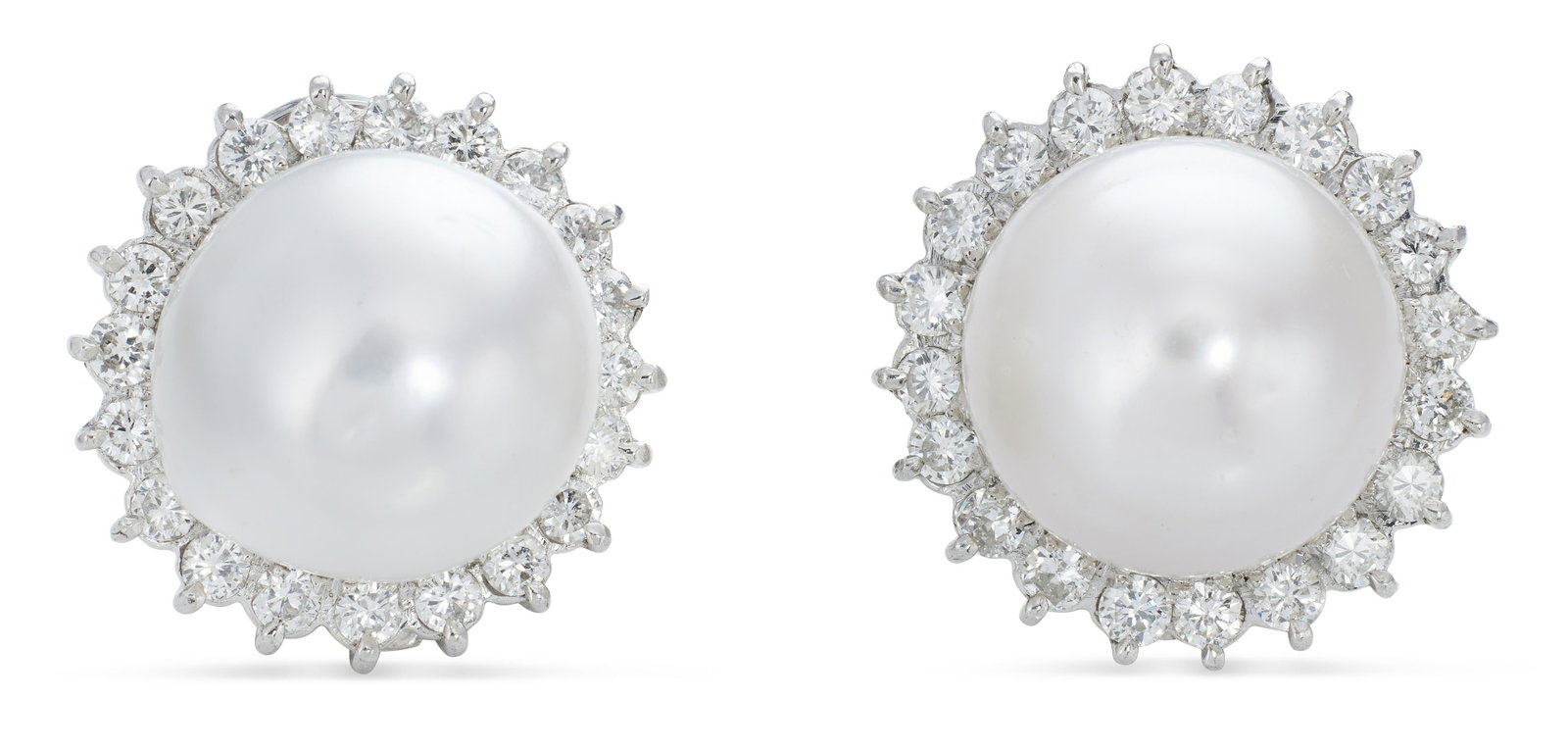 PAIR OF 14KT WHITE GOLD, DIAMOND AND PEARL EARRINGS Approx. 13.49 total dwt.: PAIR OF 14KT WHITE GOLD, DIAMOND AND PEARL EARRINGS Approx. 13.49 total dwt. (No Reserve*) Approx. 14.0mm round baroque pearls and 40 brilliant-cut diamonds, approx. 2.00 carats total weight. Post bac