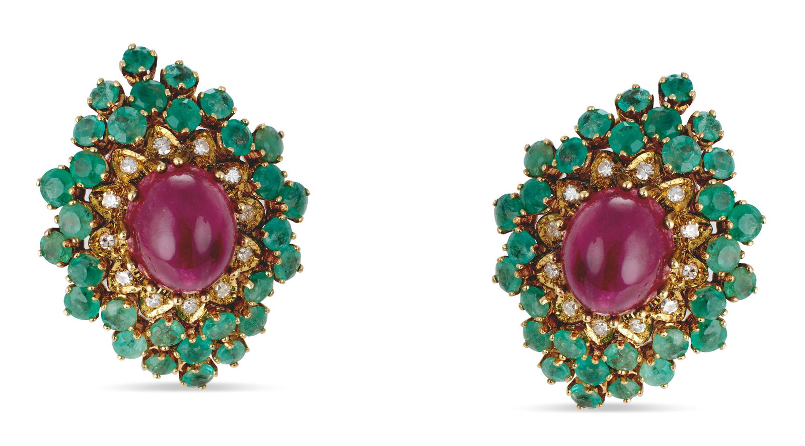 PAIR OF 14KT YELLOW GOLD, DIAMOND, EMERALD AND TOURMALINE EARRINGS Approx. 16.70 total dwt.: PAIR OF 14KT YELLOW GOLD, DIAMOND, EMERALD AND TOURMALINE EARRINGS Approx. 16.70 total dwt. (No Reserve*) Approx. 6.75 carat cabochon tourmalines, each approx. 10.0 x 12.0mm, 60 round-cut emeralds, ea