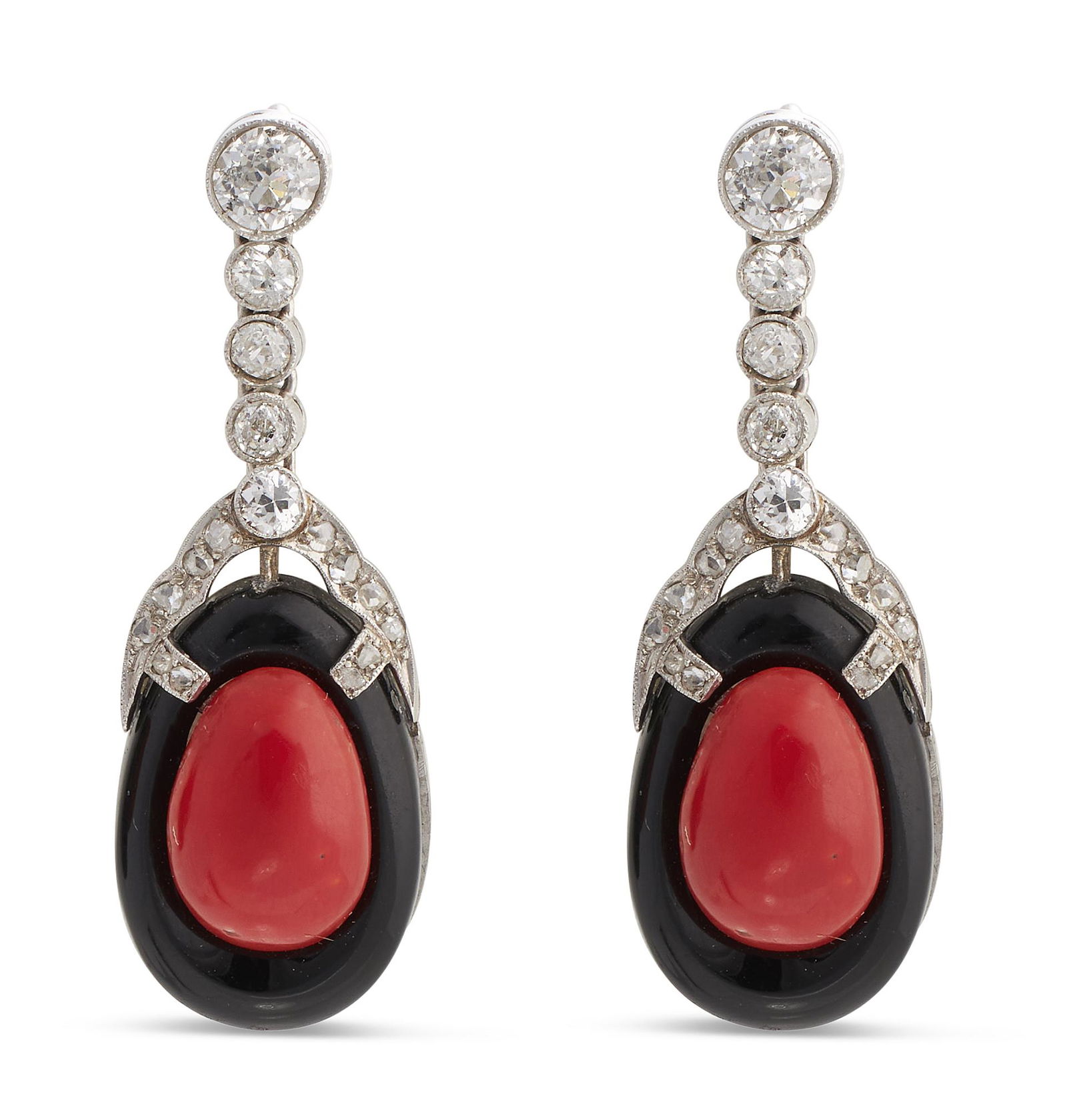 PAIR OF PLATINUM, DIAMOND, CORAL AND ONYX EARRINGS Approx. 5.83 total dwt. (1 of 1)