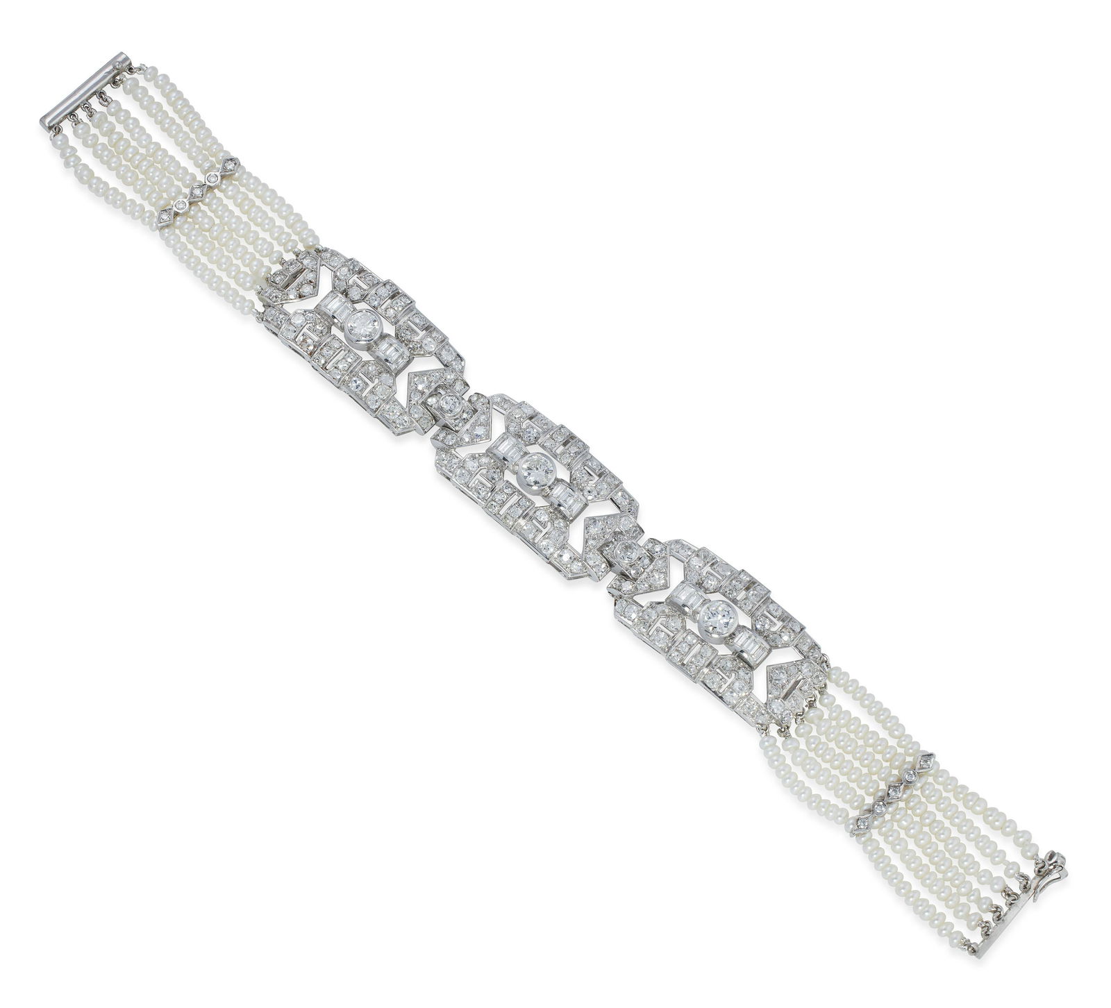 ART DECO PLATINUM, DIAMOND AND PEARL BRACELET Approx. 20.42 total dwt. (1 of 3)