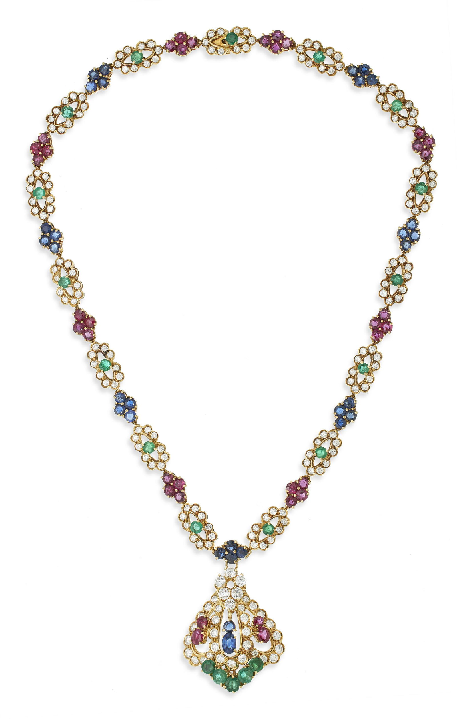 18KT YELLOW GOLD, DIAMOND, RUBY, EMERALD AND SAPPHIRE NECKLACE WITH DETACHABLE DROP PENDANT Approx. (1 of 2)