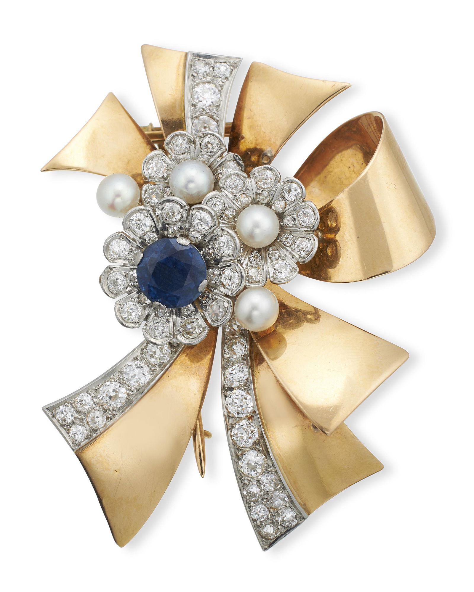 18KT YELLOW GOLD, DIAMOND, SAPPHIRE AND PEARL BROOCH Approx. 23.39 total dwt. (1 of 1)