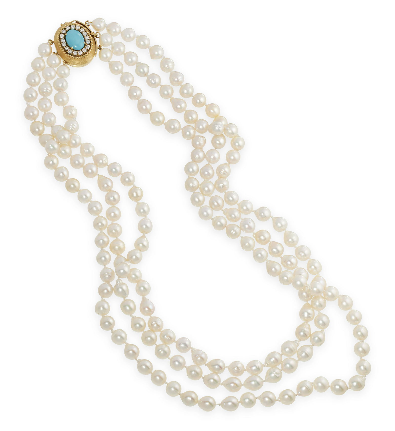 18KT YELLOW GOLD, BAROQUE PEARL, DIAMOND AND TURQUOISE THREE-STRAND NECKLACE Approx. 115.67 total (1 of 1)