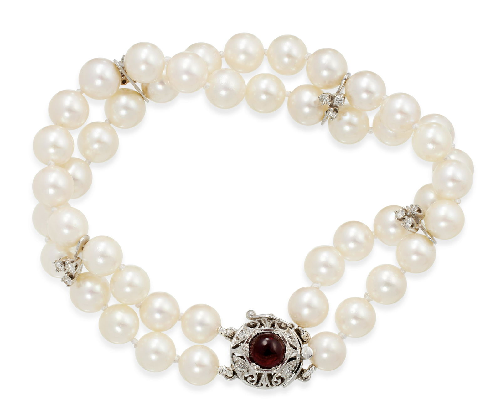 14KT WHITE GOLD, DIAMOND, PEARL AND GARNET BRACELET Approx. 15.57 total dwt. (1 of 1)