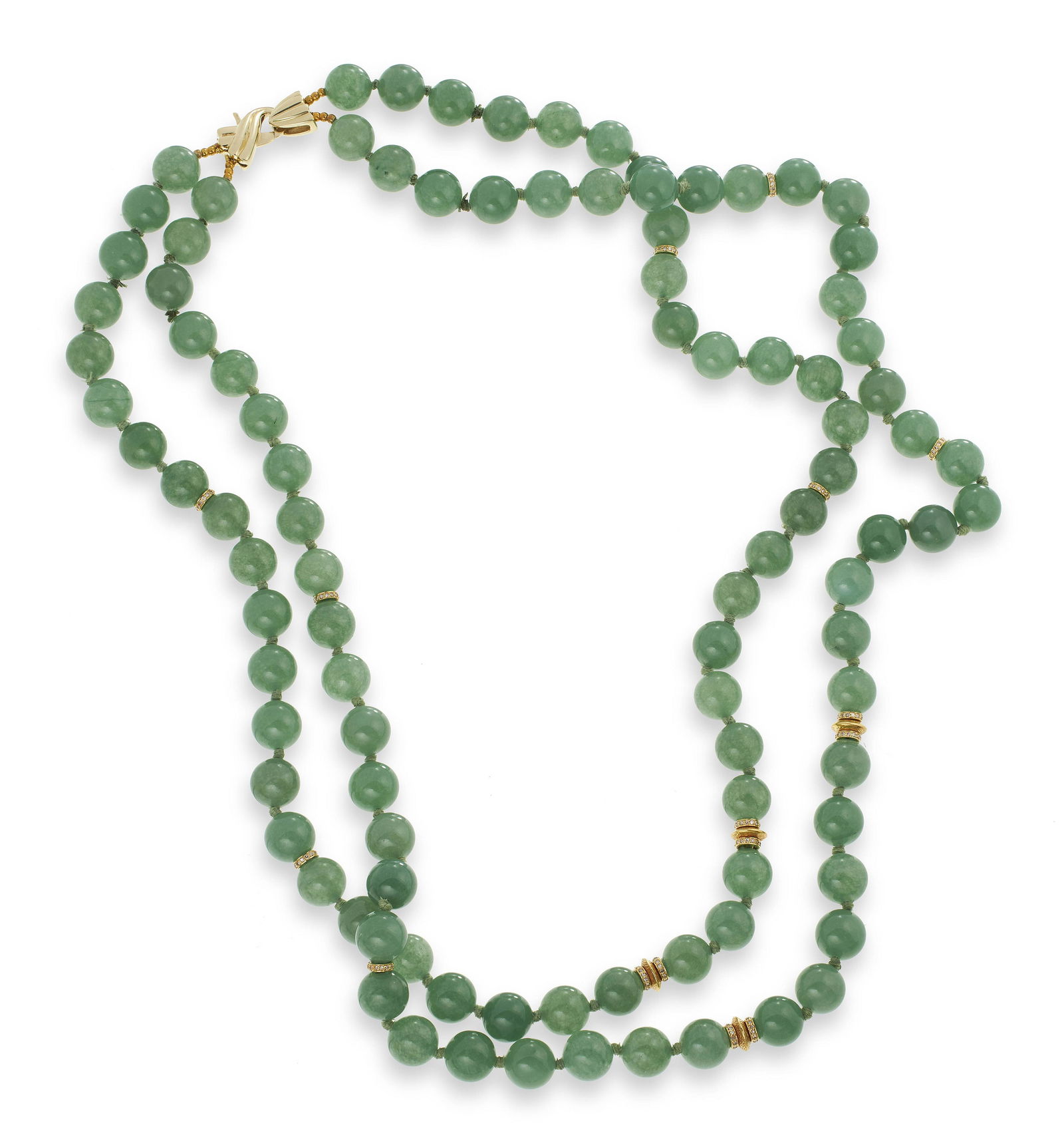 14KT YELLOW GOLD, JADE BEAD, DIAMOND RONDEL AND GOLD SPACER NECKLACE Approx. 151.90 total dwt. (1 of 2)