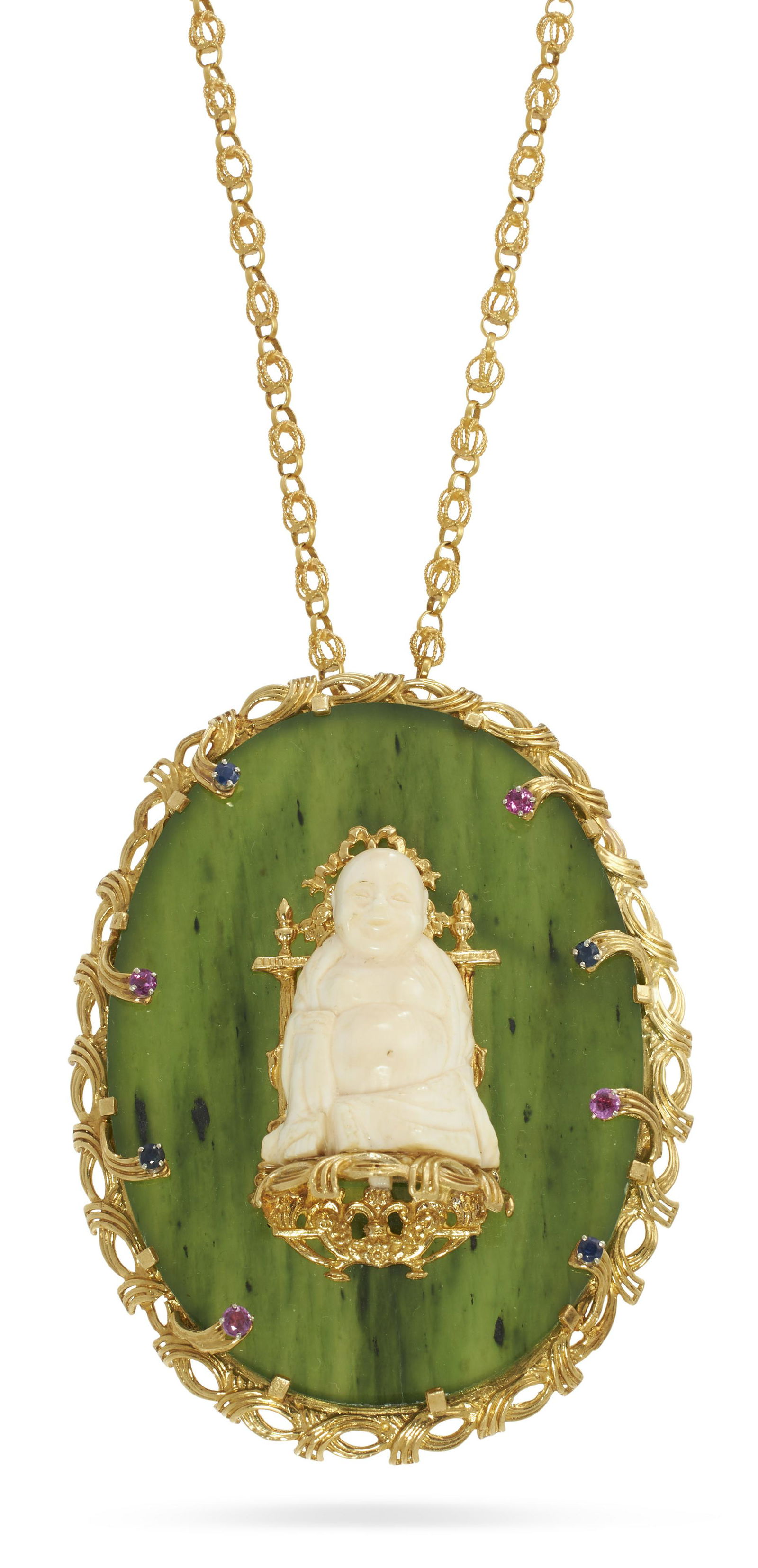 18KT YELLOW GOLD, JADE, SAPPHIRE AND RUBY PENDANT Approx. 65.64 total dwt. (1 of 1)