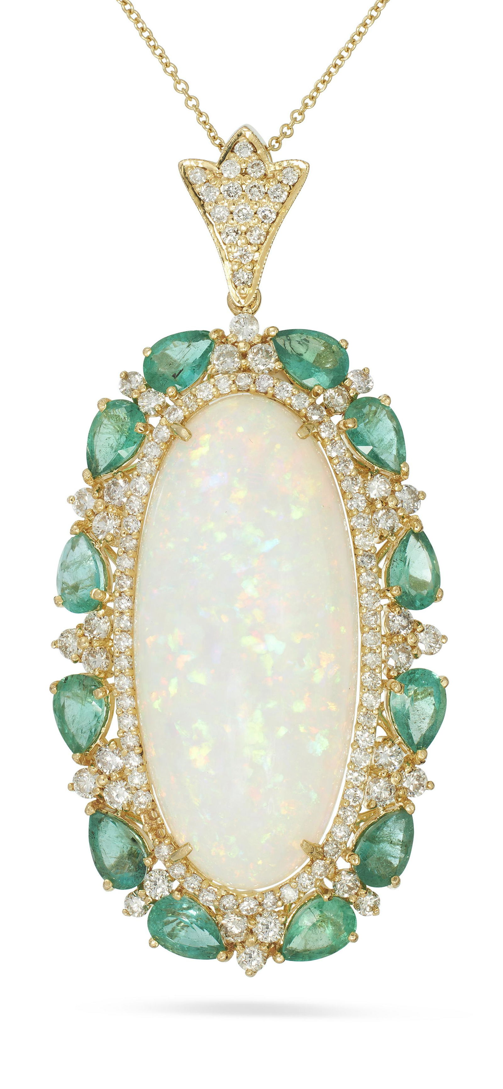 14KT YELLOW GOLD, OPAL, EMERALD AND DIAMOND PENDANT WITH CHAIN Approx. 8.79 total dwt. (1 of 1)