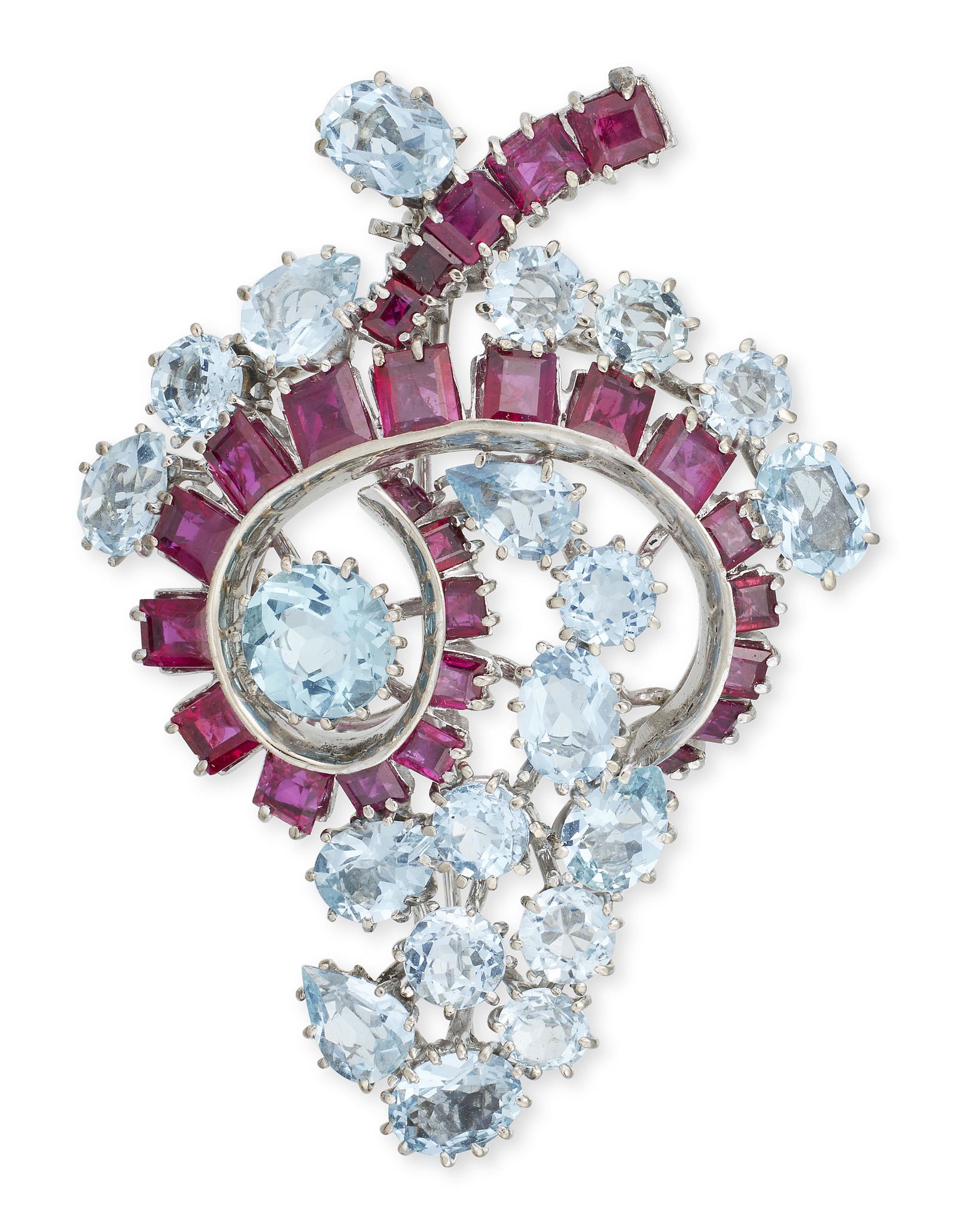 14KT WHITE GOLD, RUBY AND AQUAMARINE BROOCH Approx. 13.73 total dwt. (1 of 1)